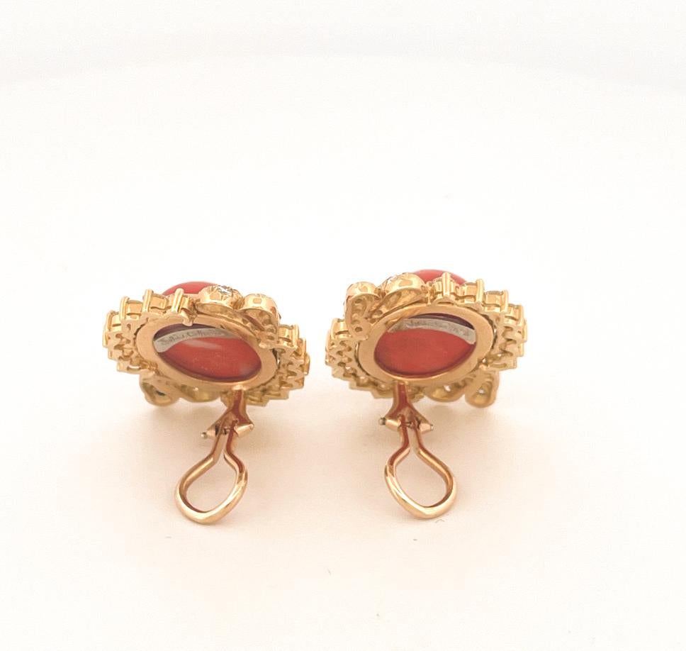 Julius Cohen 1970s 18k Yellow Gold Coral & Diamond Earrings 2