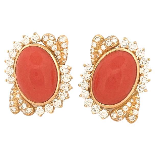 Julius Cohen 1970s 18k Yellow Gold Coral & Diamond Earrings
