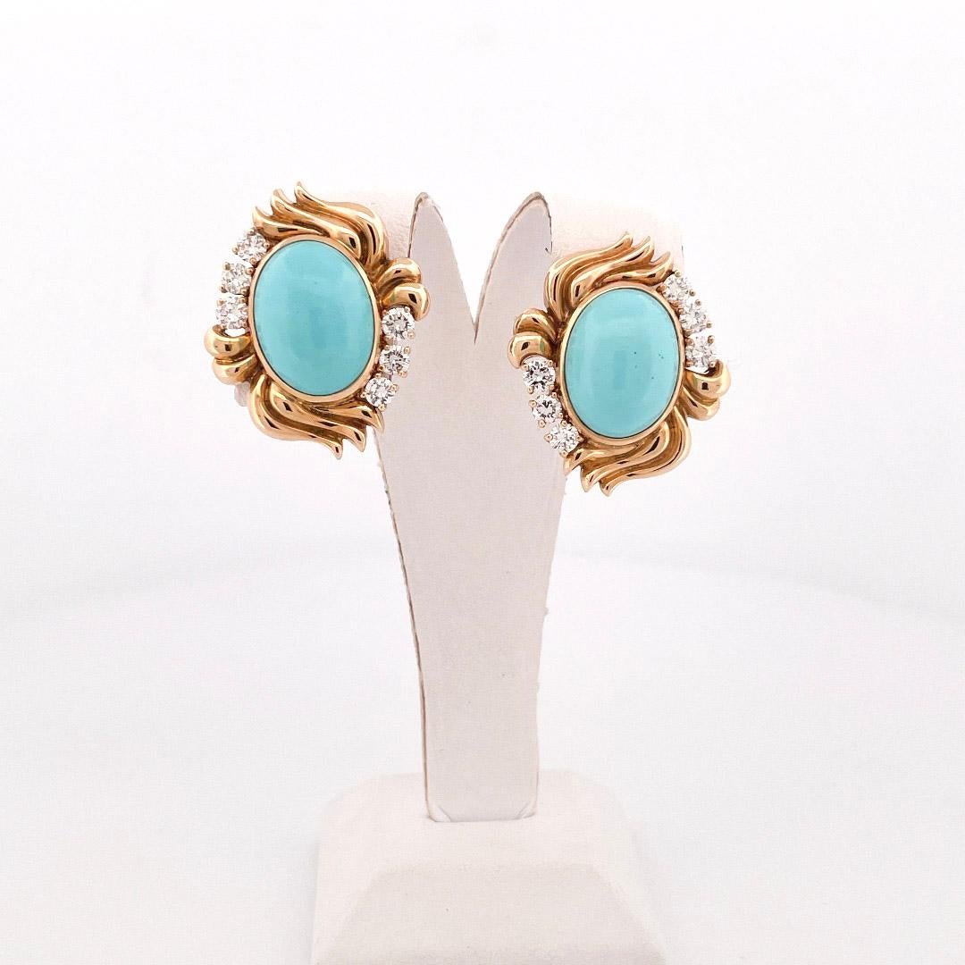 Moderne Julius Cohen Boucles d'oreilles en or jaune 18 carats avec turquoise et diamants, années 1970 en vente