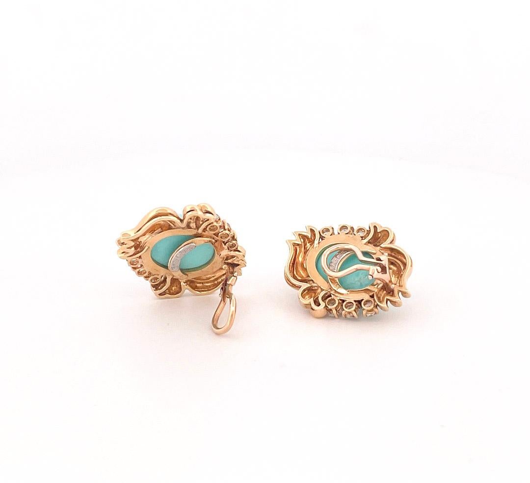 Cabochon Julius Cohen 1970s 18k Yellow Gold Turquoise & Diamond Earrings For Sale