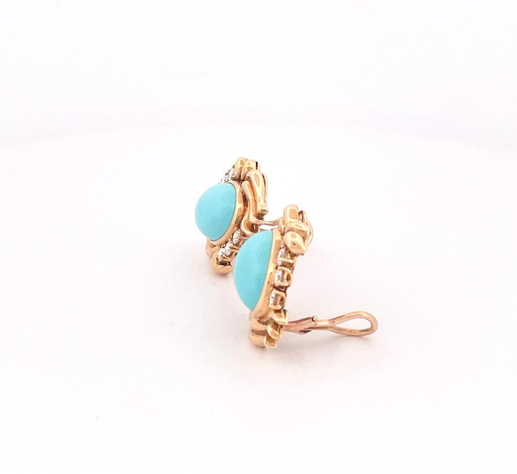 Julius Cohen 1970s 18k Yellow Gold Turquoise & Diamond Earrings In Excellent Condition For Sale In Dallas, TX