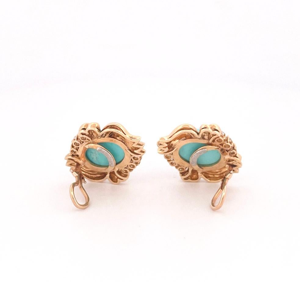 Julius Cohen 1970s 18k Yellow Gold Turquoise & Diamond Earrings For Sale 2