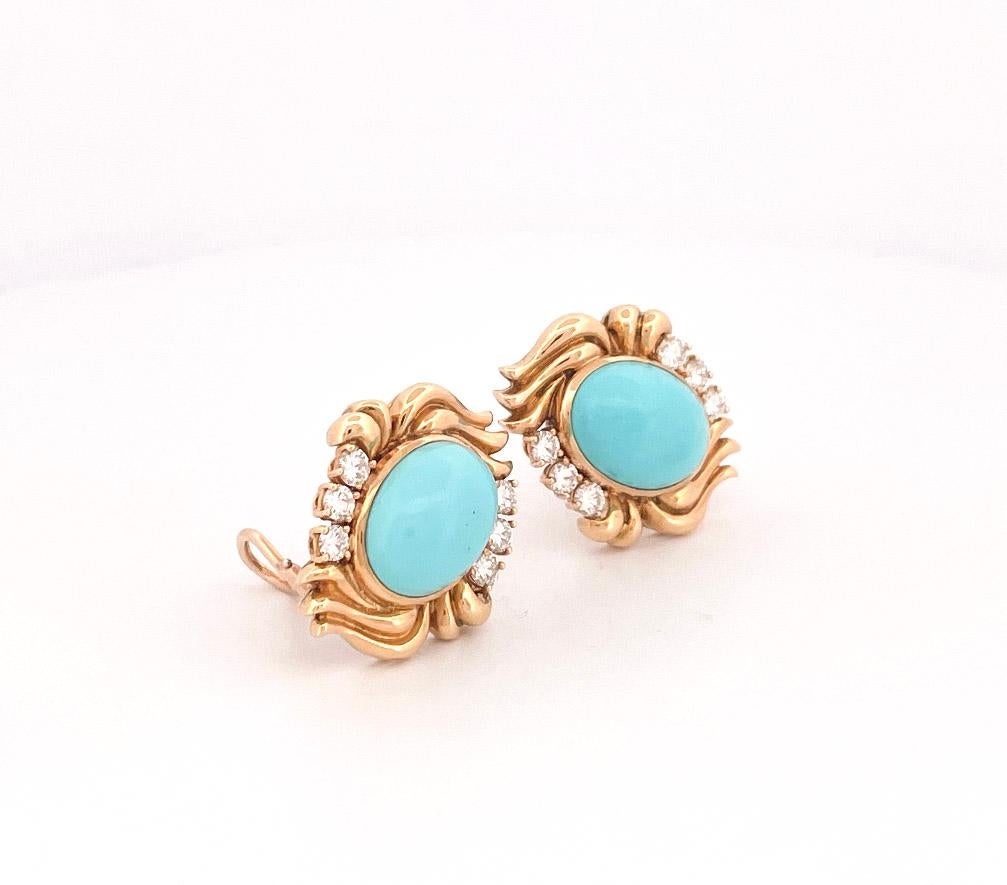 Julius Cohen 1970s 18k Yellow Gold Turquoise & Diamond Earrings For Sale 3