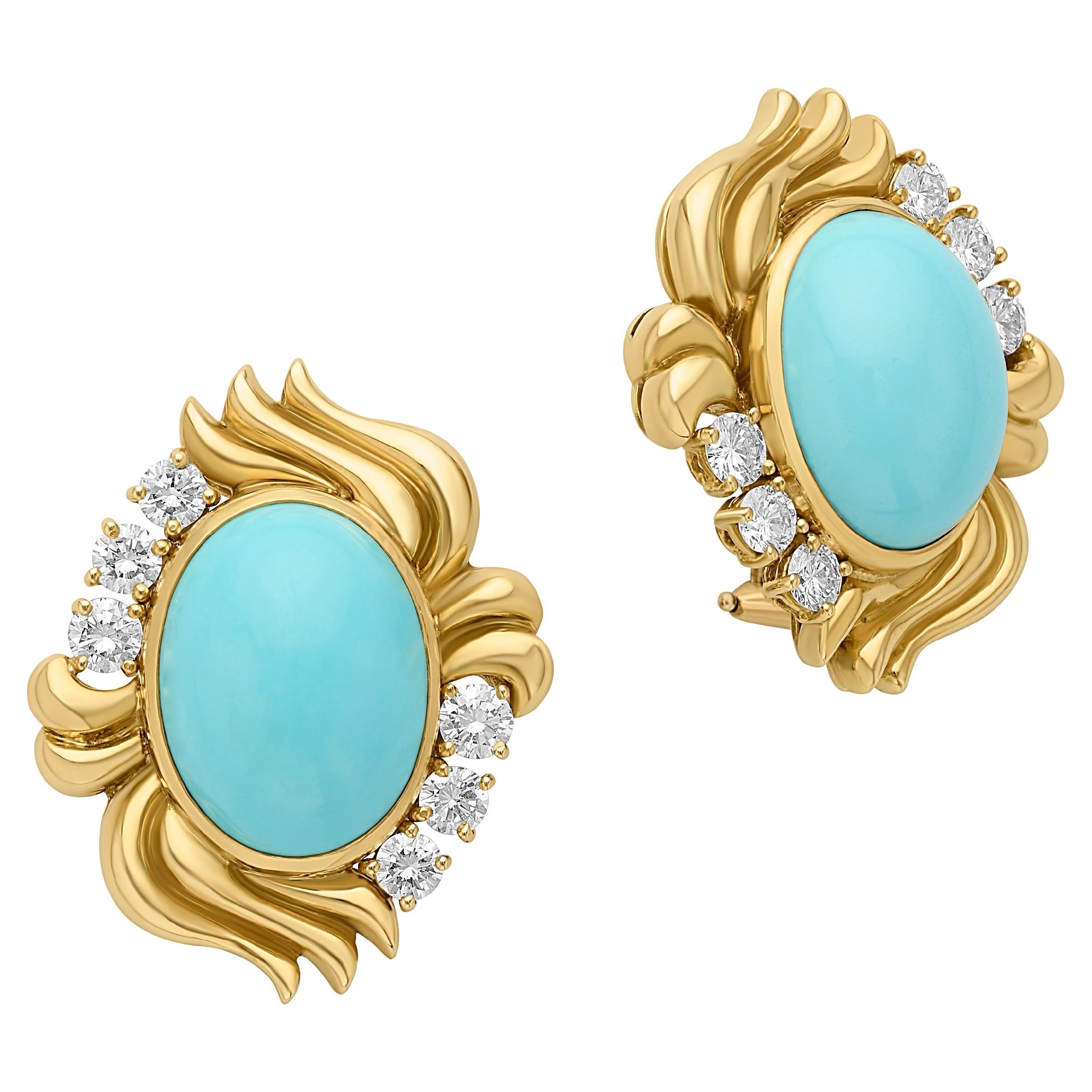 Julius Cohen 1970s 18k Yellow Gold Turquoise & Diamond Earrings