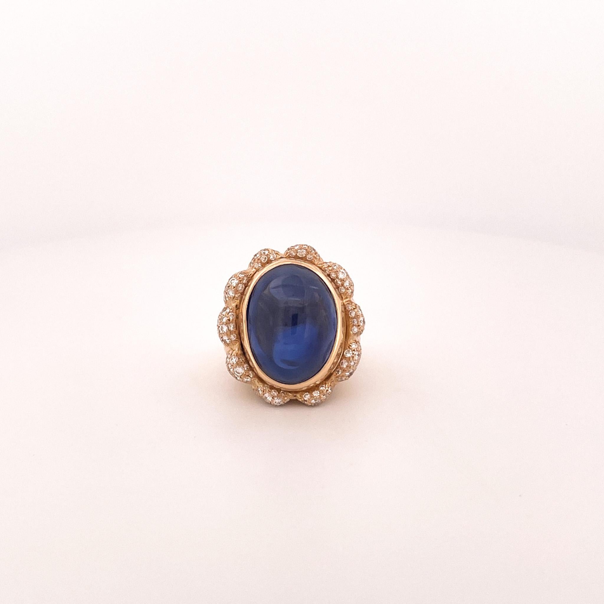 Julius Cohen 1980er Jahre Cocktail-Ring aus 18 Karat Gelbgold mit blauem Saphir und Diamant im Angebot 4