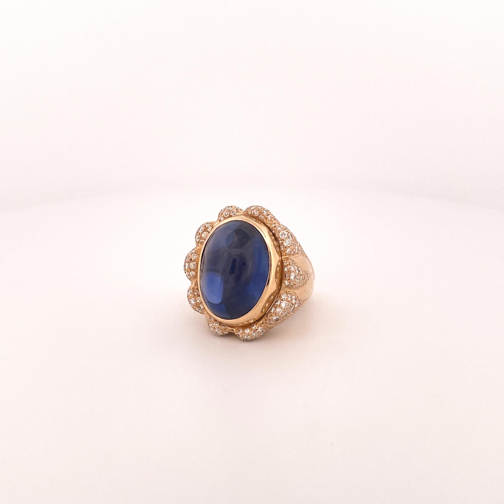 Julius Cohen 1980er Jahre Cocktail-Ring aus 18 Karat Gelbgold mit blauem Saphir und Diamant im Angebot 5