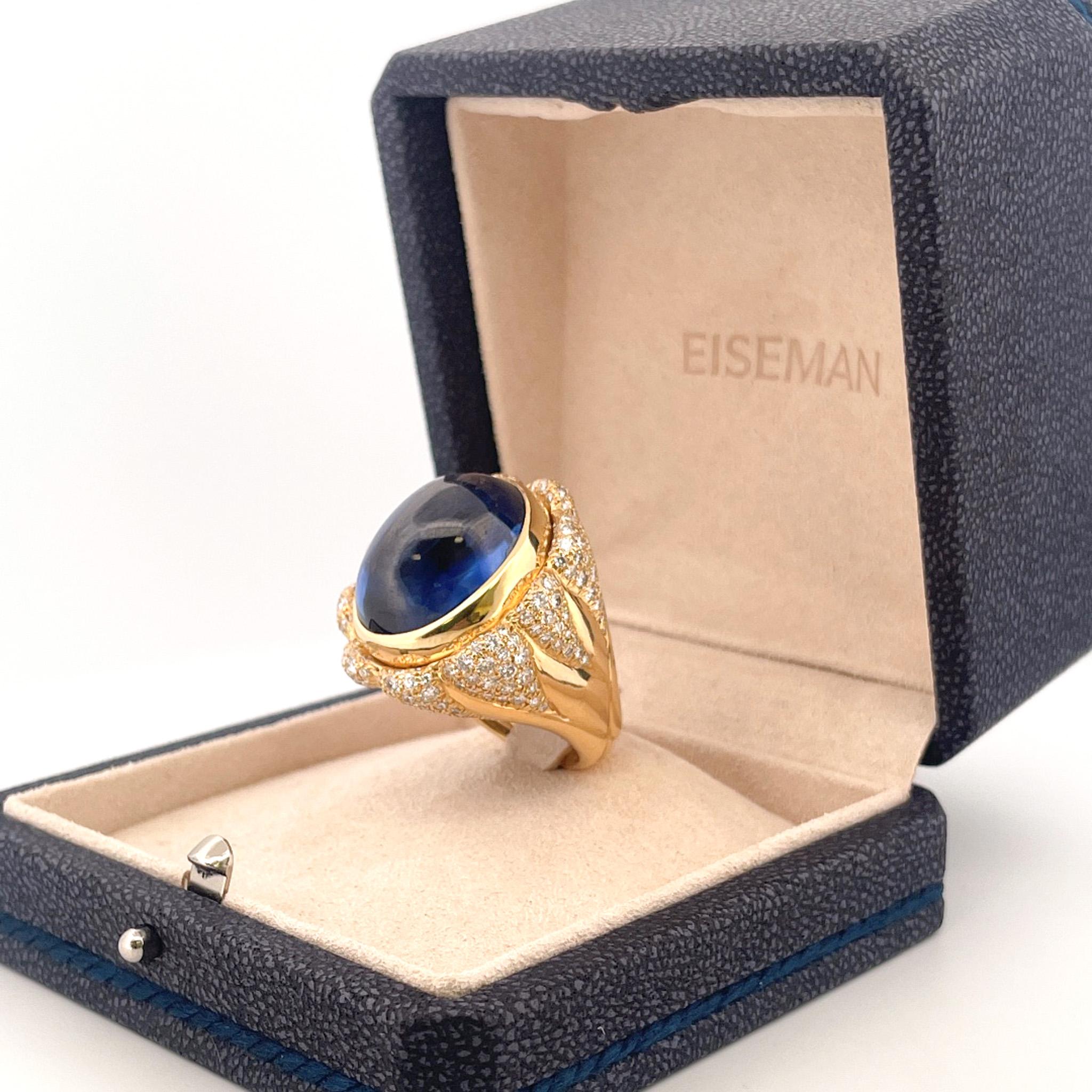 Julius Cohen 1980er Jahre Cocktail-Ring aus 18 Karat Gelbgold mit blauem Saphir und Diamant (Moderne) im Angebot