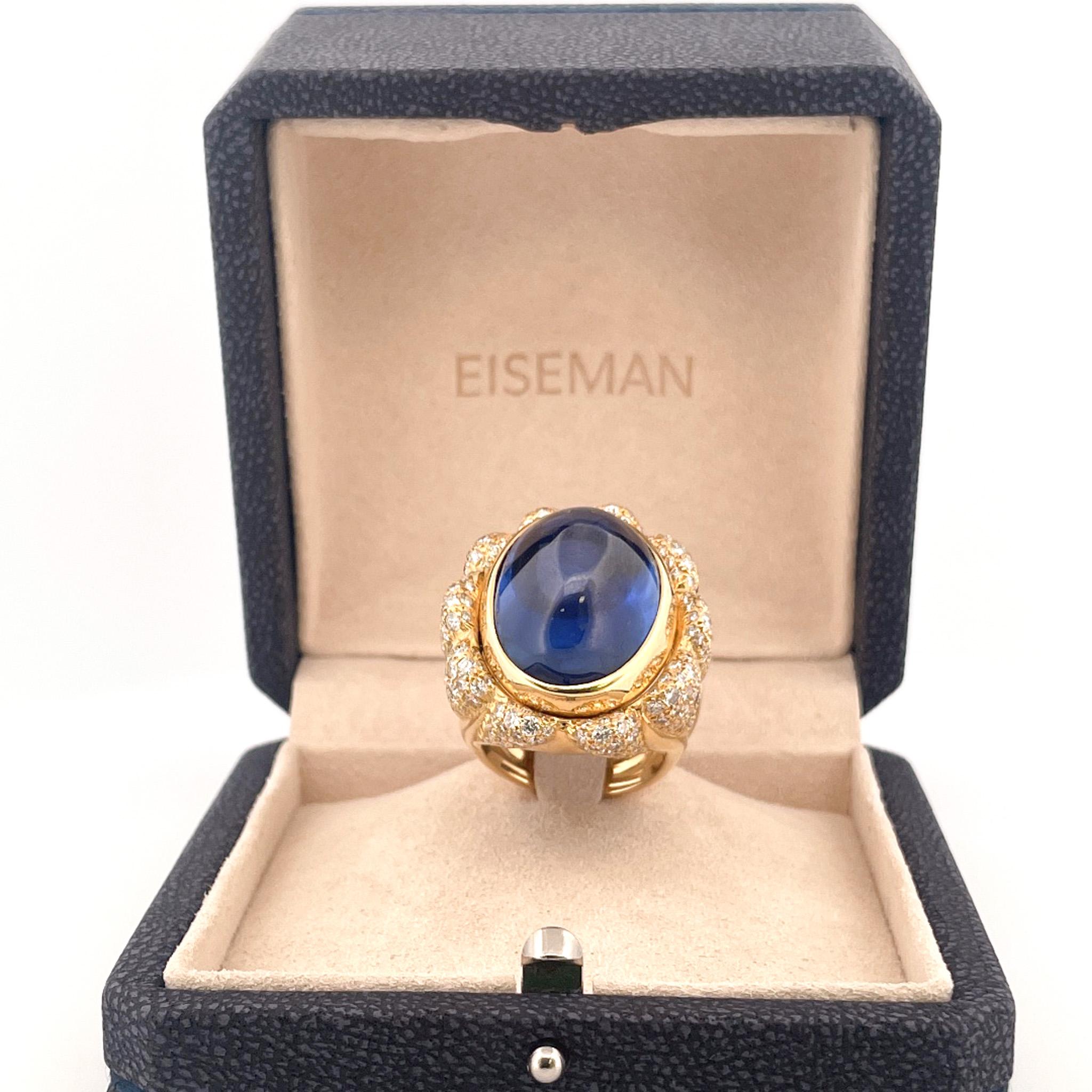 Julius Cohen 1980er Jahre Cocktail-Ring aus 18 Karat Gelbgold mit blauem Saphir und Diamant (Cabochon) im Angebot