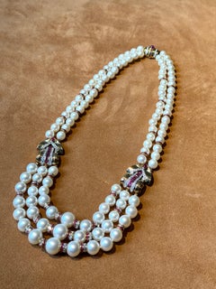 Julius Cohen 1980s Multi-Strand Pearl Necklace with Ruby & Diamond Gold Stations