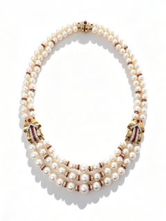 Julius Cohen 1980s Multi-Strand Pearl Necklace with Ruby & Diamond Gold Stations