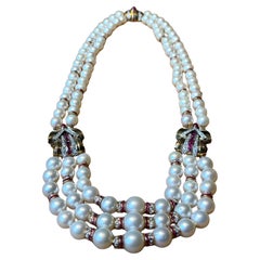 Julius Cohen 1980s Multi-Strand Pearl Necklace with Ruby & Diamond Gold Stations