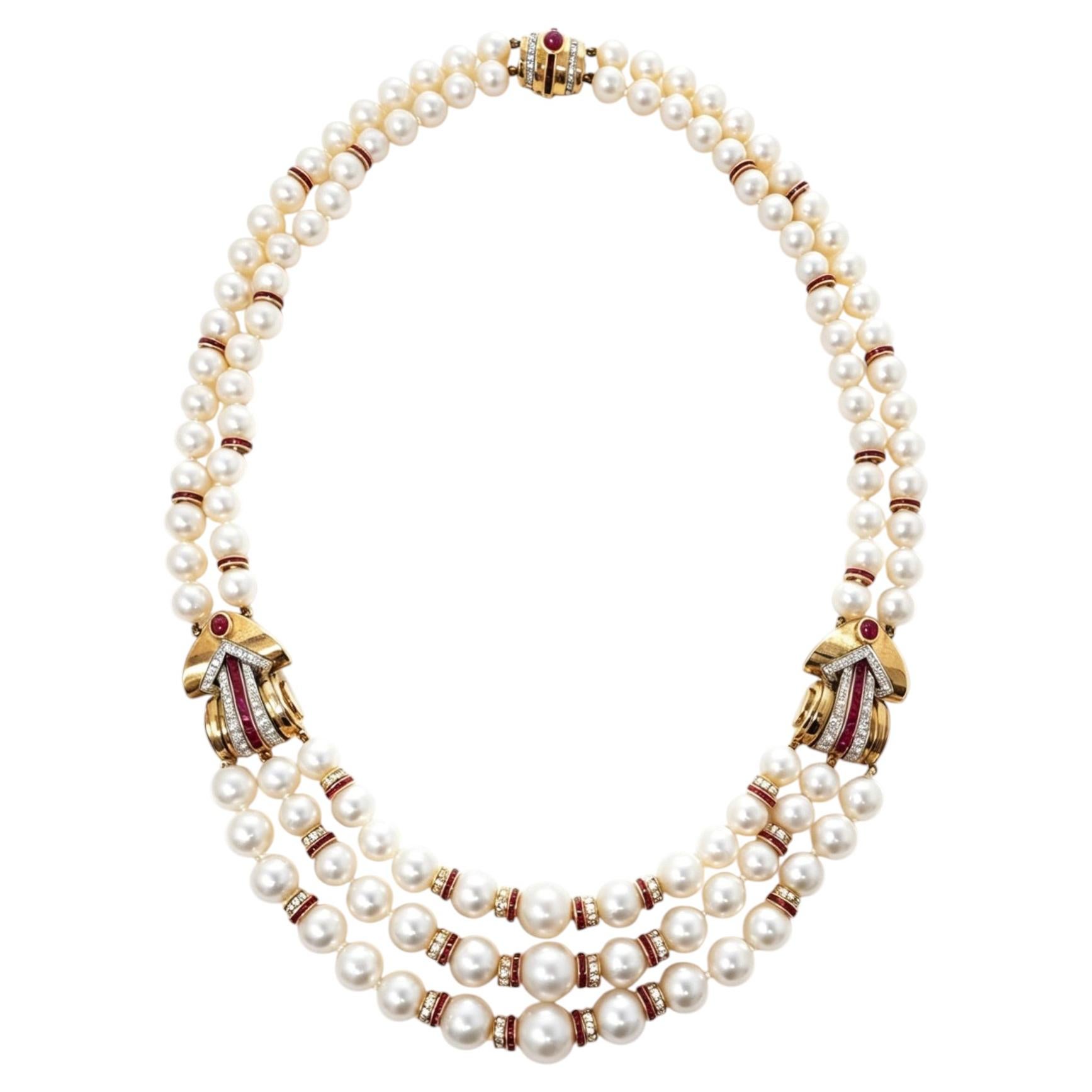 Collier de perles multibrins avec rubis et diamants des années 1980 Julius Cohen en vente