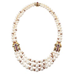 Julius Cohen 1980s Multi-Strand Pearl Necklace with Ruby & Diamond Gold Stations