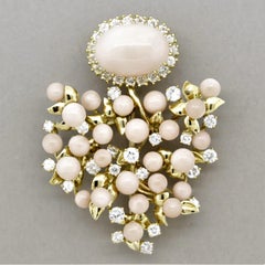 Julius Cohen Angel Skin Coral Diamond Gold Floral Brooch