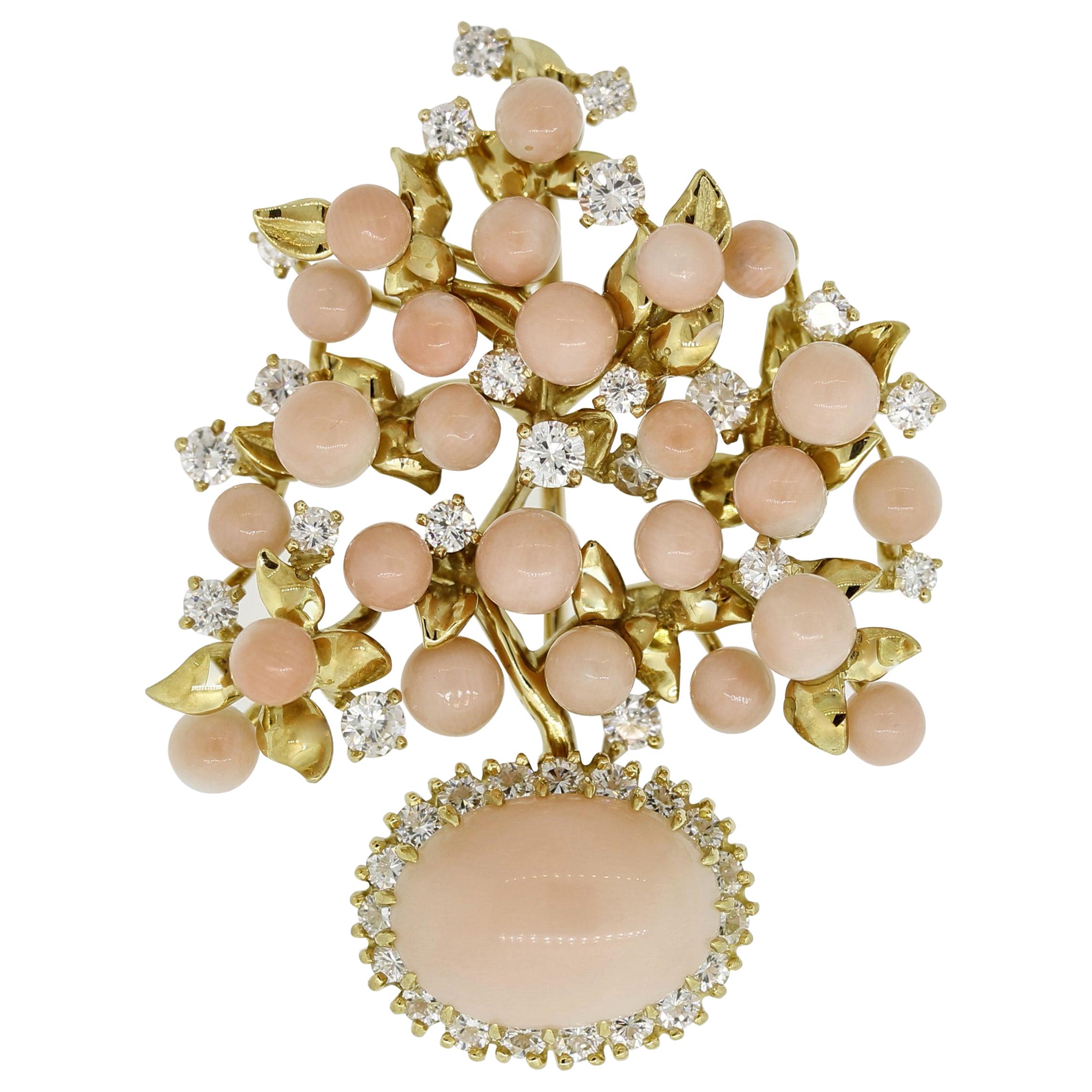 Julius Cohen Angel Skin Coral Diamond Gold Floral Brooch For Sale