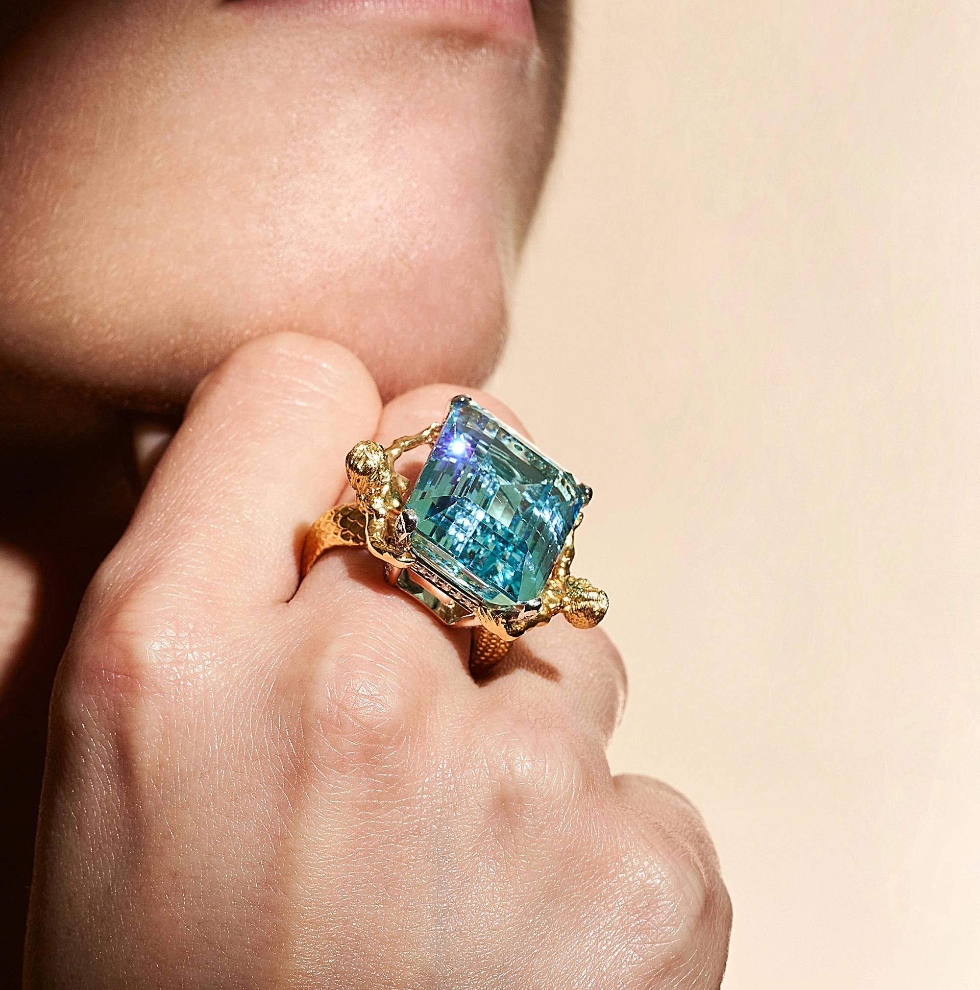 Julius Cohen Anillo Aguamarina Diamante Platino 18 KT en venta 7