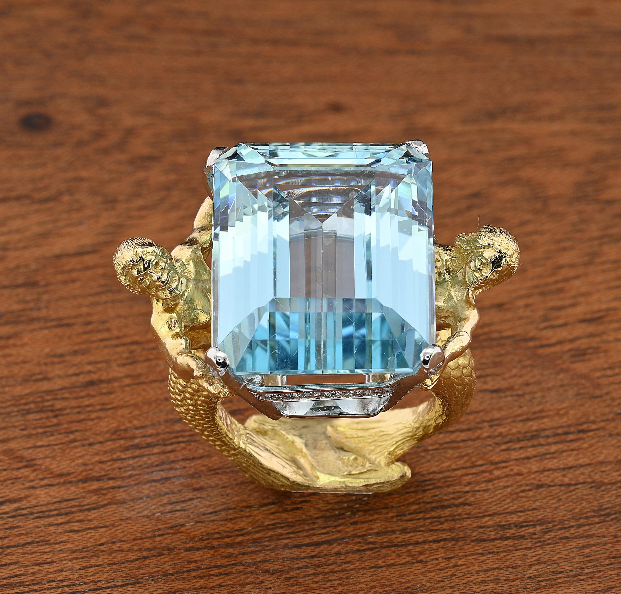 Julius Cohen Anillo Aguamarina Diamante Platino 18 KT Contemporáneo en venta