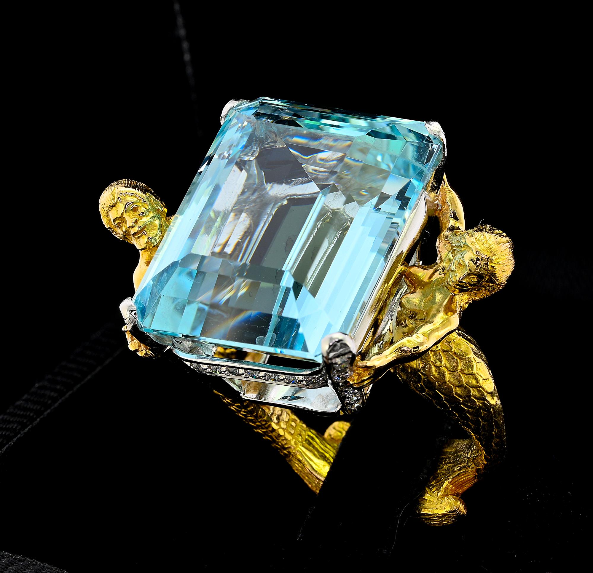Julius Cohen Anillo Aguamarina Diamante Platino 18 KT en Excelente estado para la venta en Napoli, IT