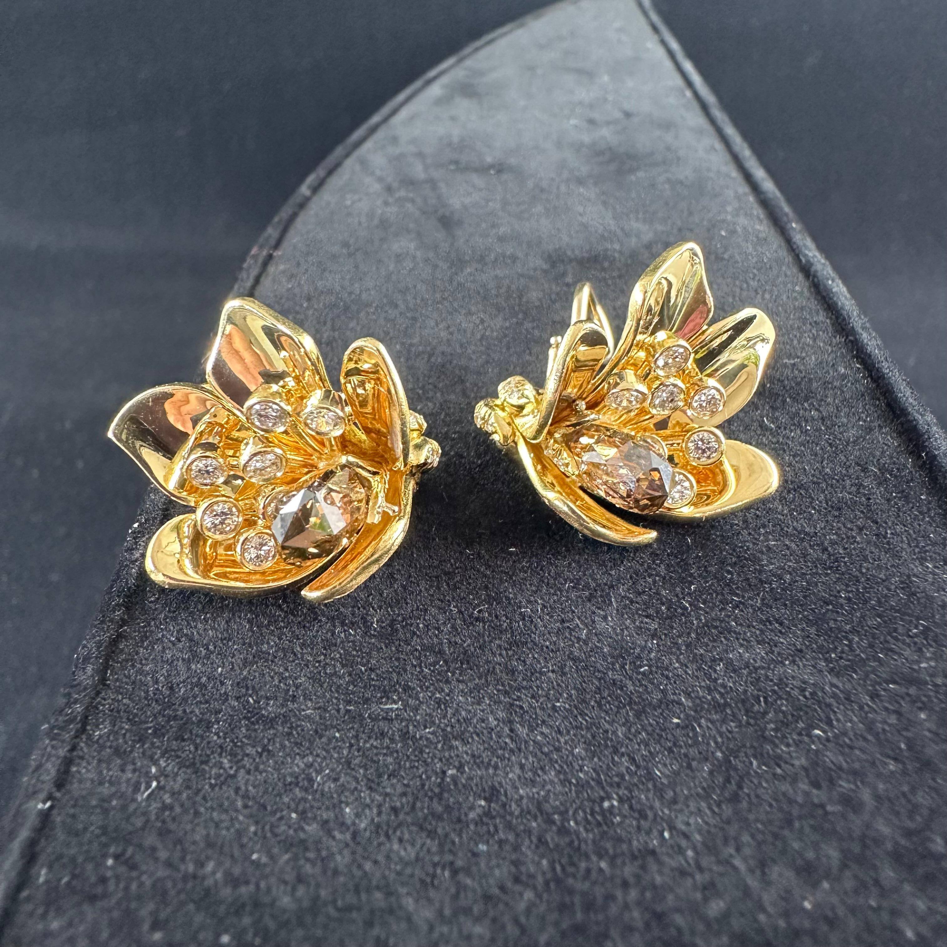 Julius Cohen
Opened in 1955 on East 53rd St Next to the Stork Club and later at 699 Madison Ave , In Short Julius Cohen, A jewelry Designer Who Won Awards. 
Flower motif earrings 18k yellow gold and platinum.
The Earrings consist of 2 Large Brown