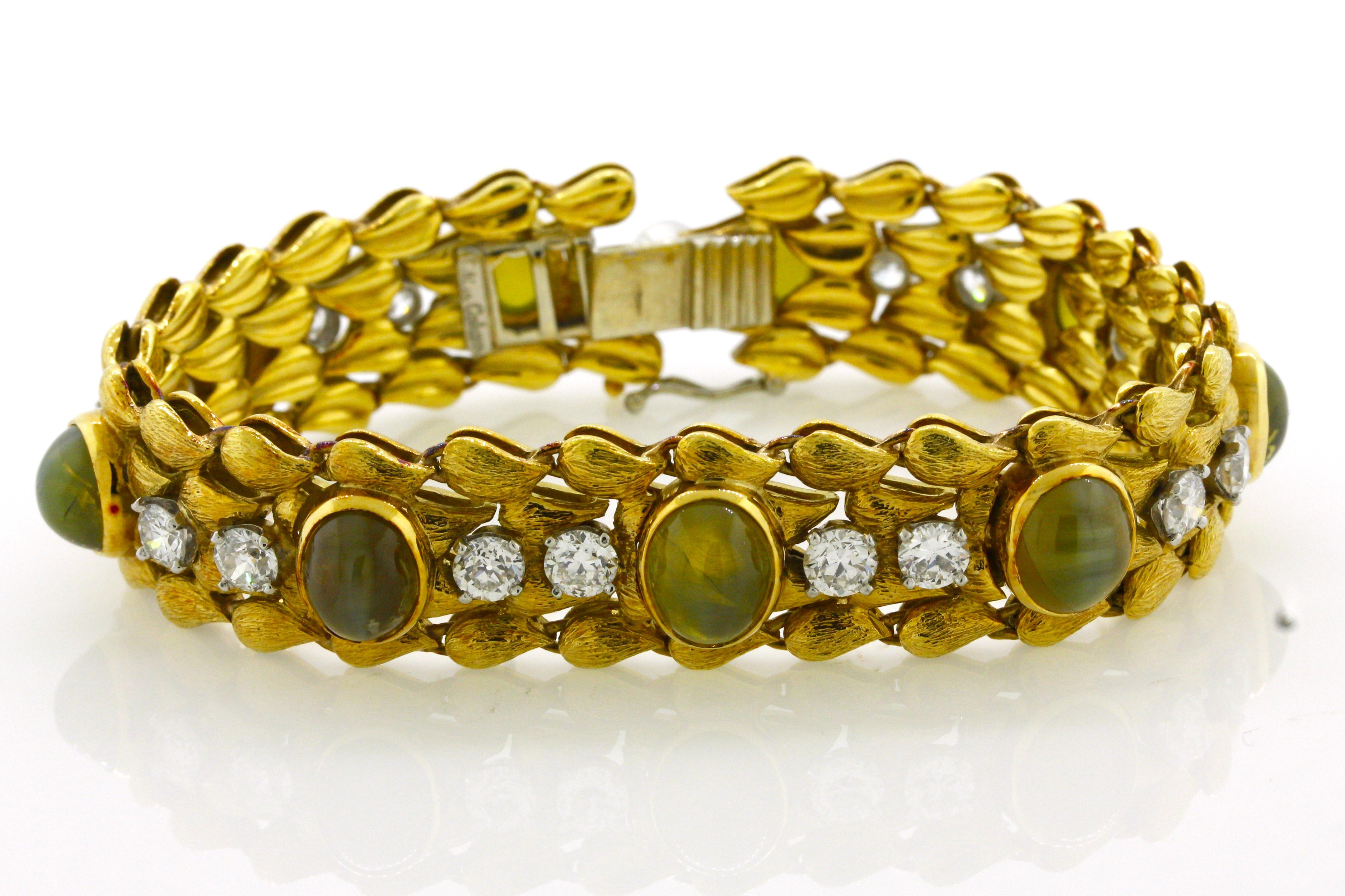 Julius Cohen Cats Eye Chrysoberyl Diamond Gold Bracelet For Sale 3
