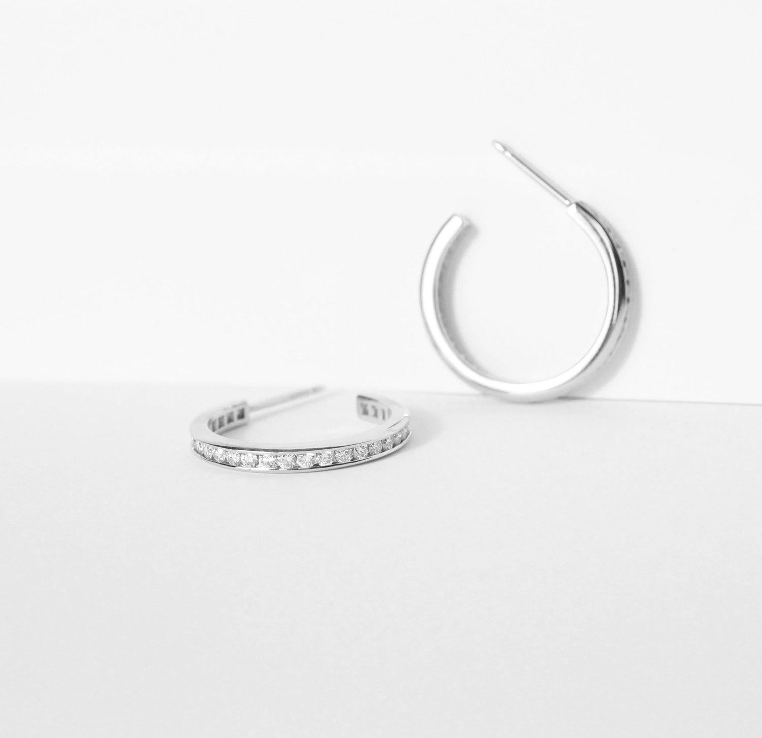 Julius Cohen Channel Set Diamond Hoops in Platinum In New Condition For Sale In Brooklyn, NY