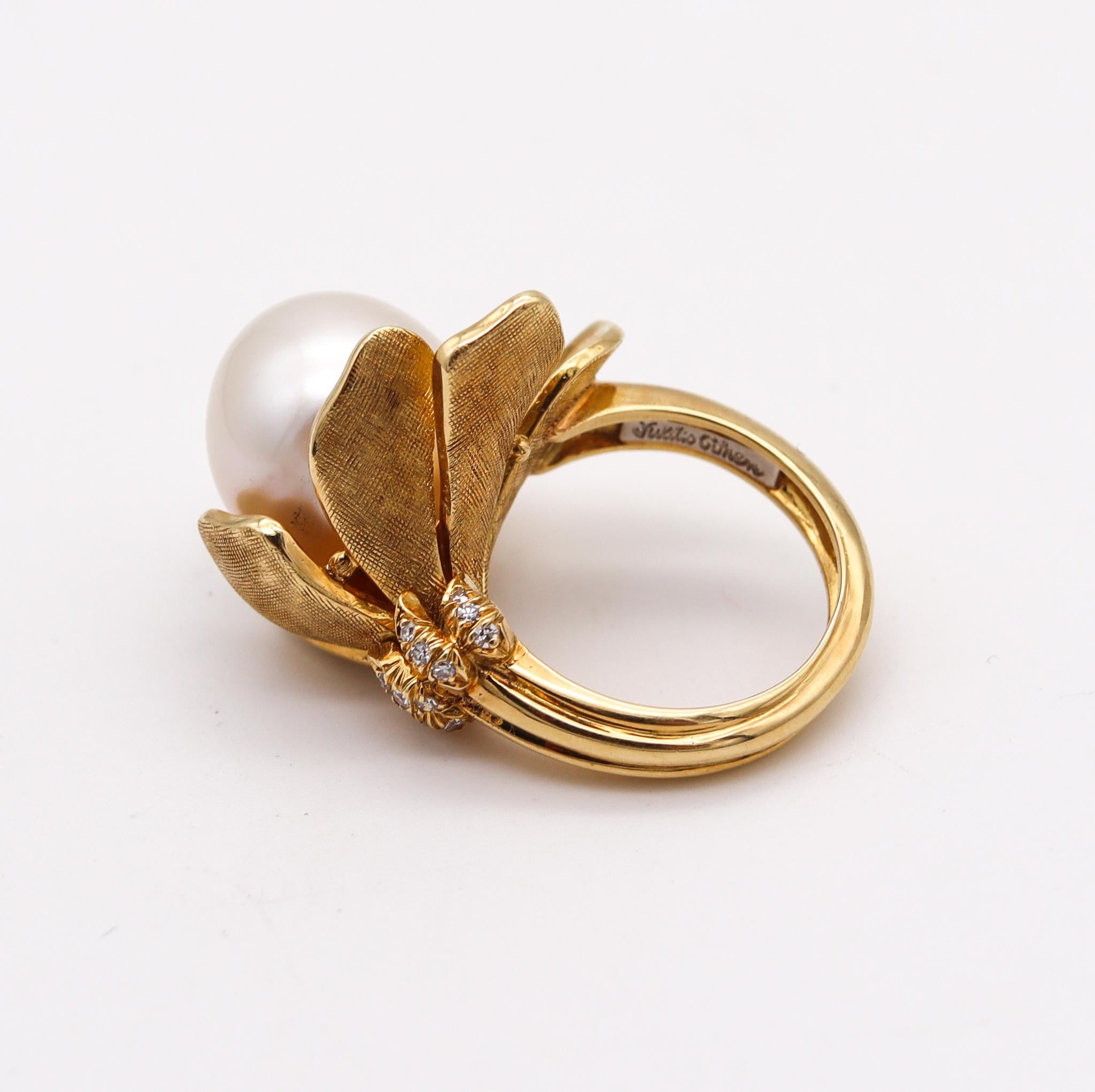 Brilliant Cut Julius Cohen Cocktail Ringin 18Kt Gold with Diamonds and South Sea Pearl