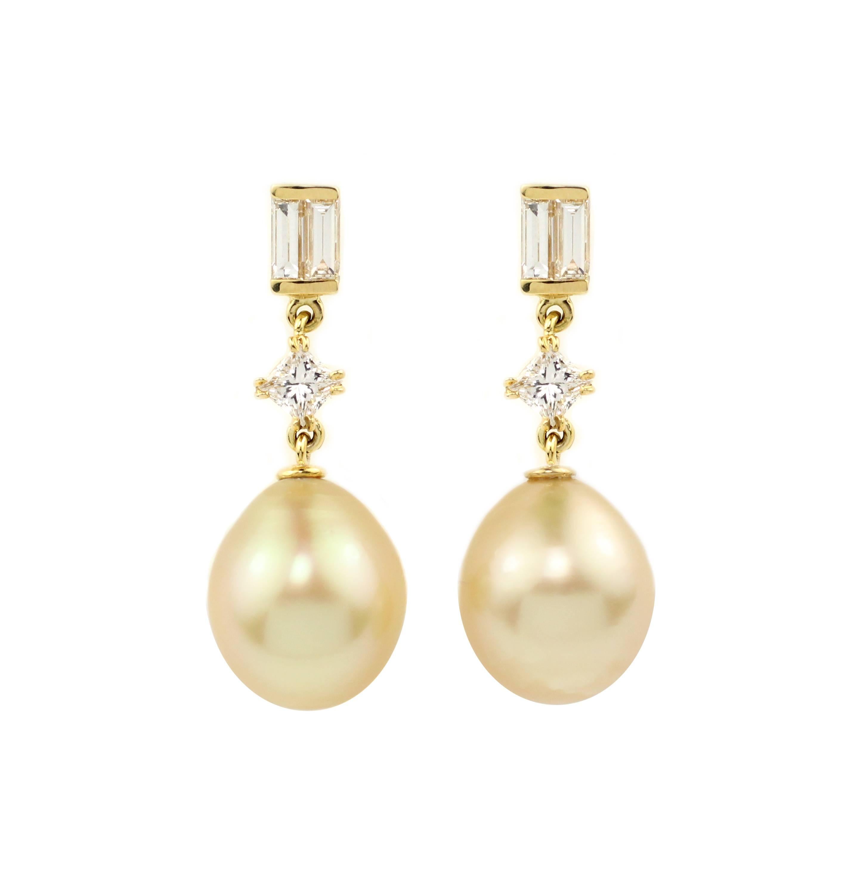 Julius Cohen Diamond and Golden Pearl Drop Earrings