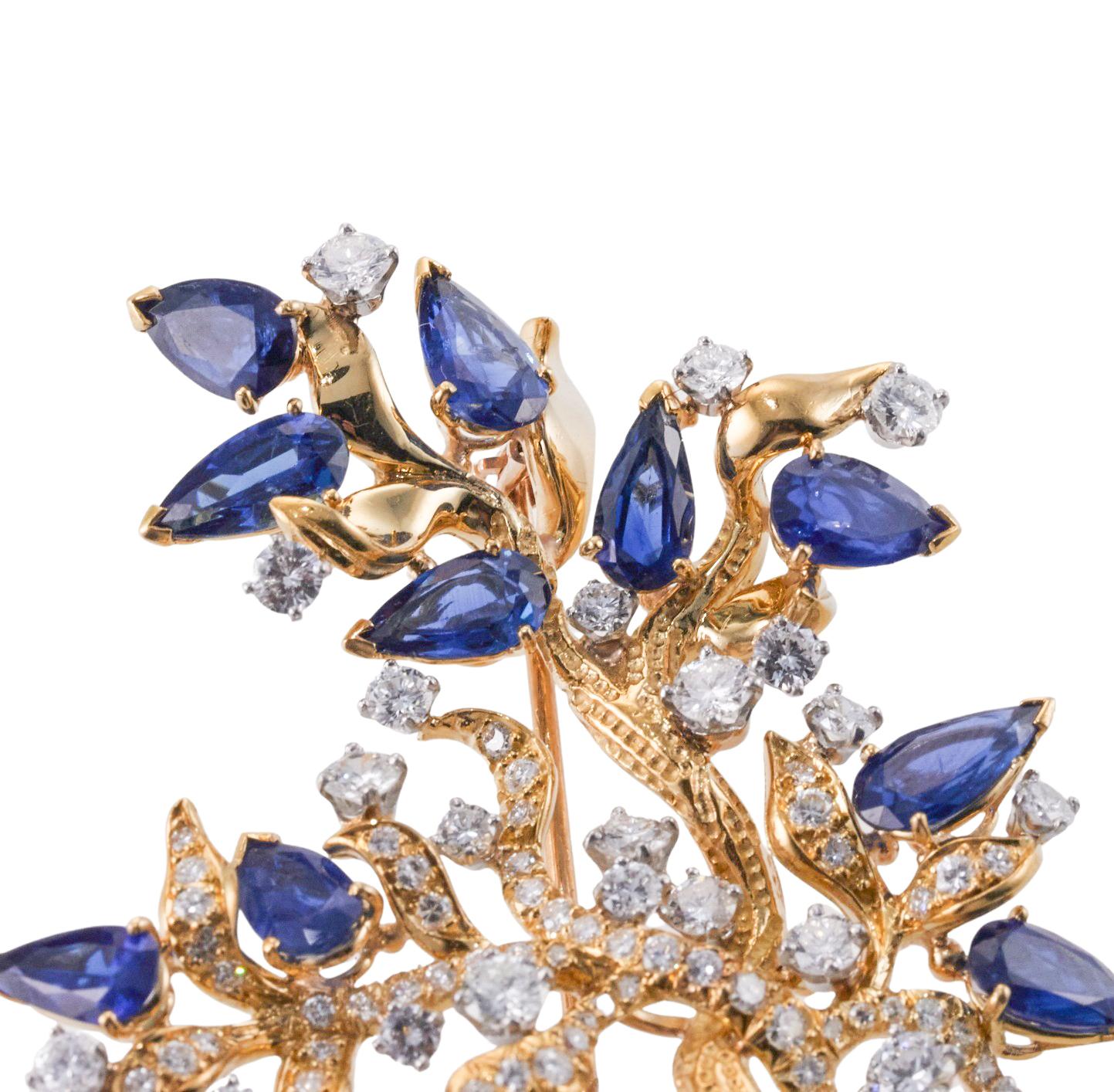 Round Cut Julius Cohen Diamond Sapphire Gold Naturalistic Tree Motif Brooch  For Sale
