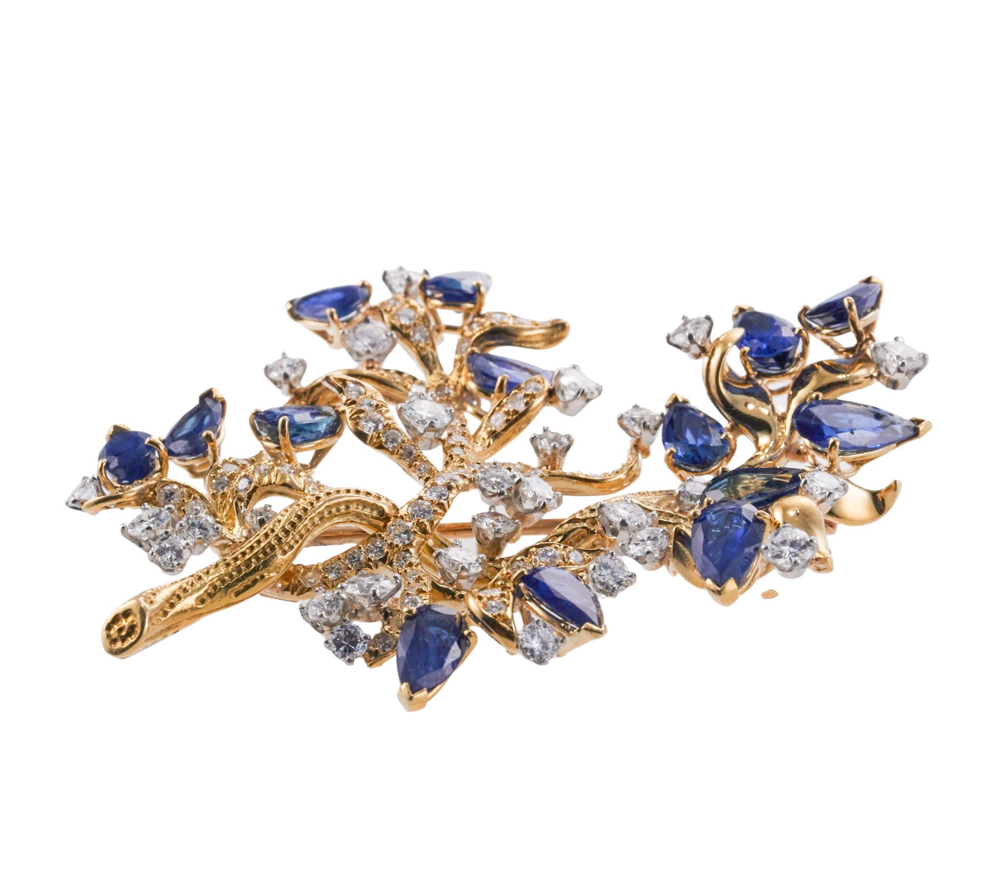 Julius Cohen Diamond Sapphire Gold Naturalistic Tree Motif Brooch  In Excellent Condition For Sale In New York, NY