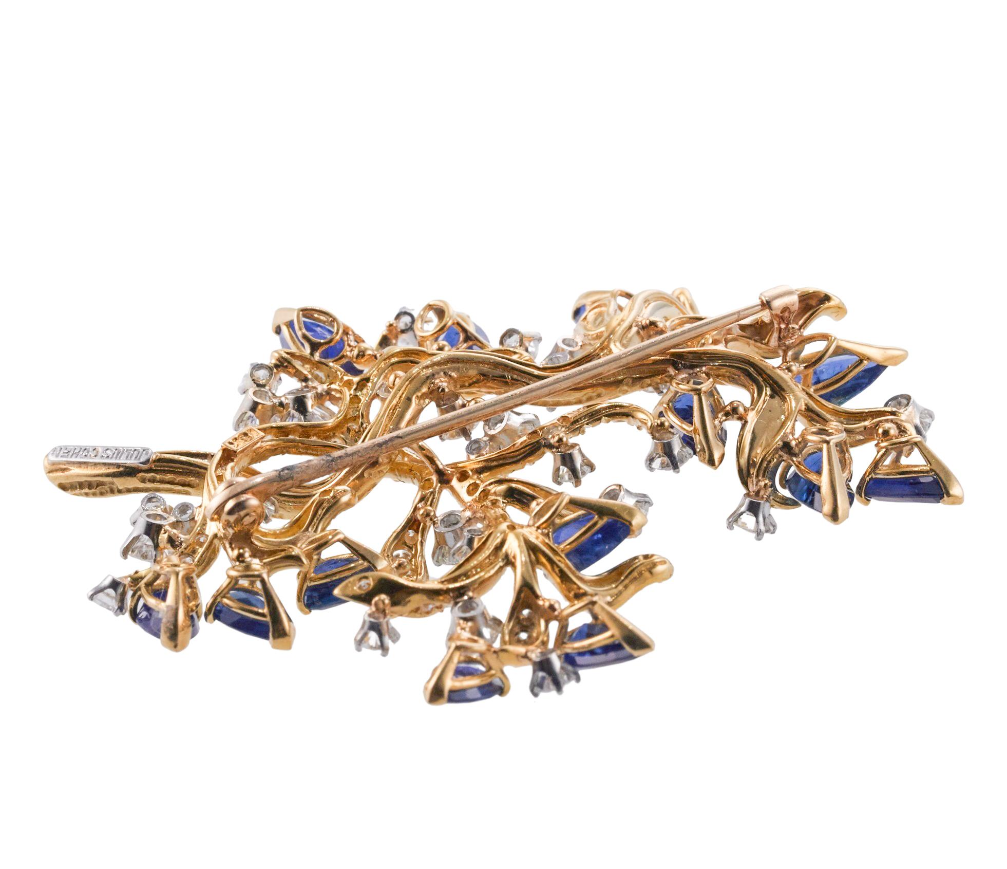 Women's Julius Cohen Diamond Sapphire Gold Naturalistic Tree Motif Brooch  For Sale