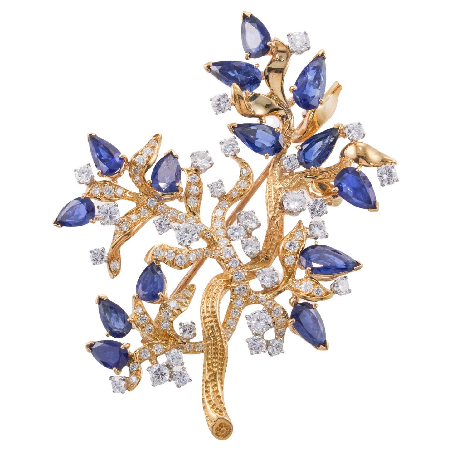 Julius Cohen Diamond Sapphire Gold Naturalistic Tree Motif Brooch  For Sale