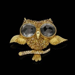 Julius Cohen Gold, Rough Diamond and Rose-cut Rock Crystal Owl Brooch  c1960s