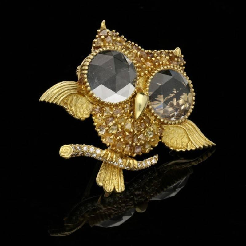 Rose Cut Julius Cohen Gold, Rough Diamond and Rose-cut Rock Crystal Owl Brooch  c1960s