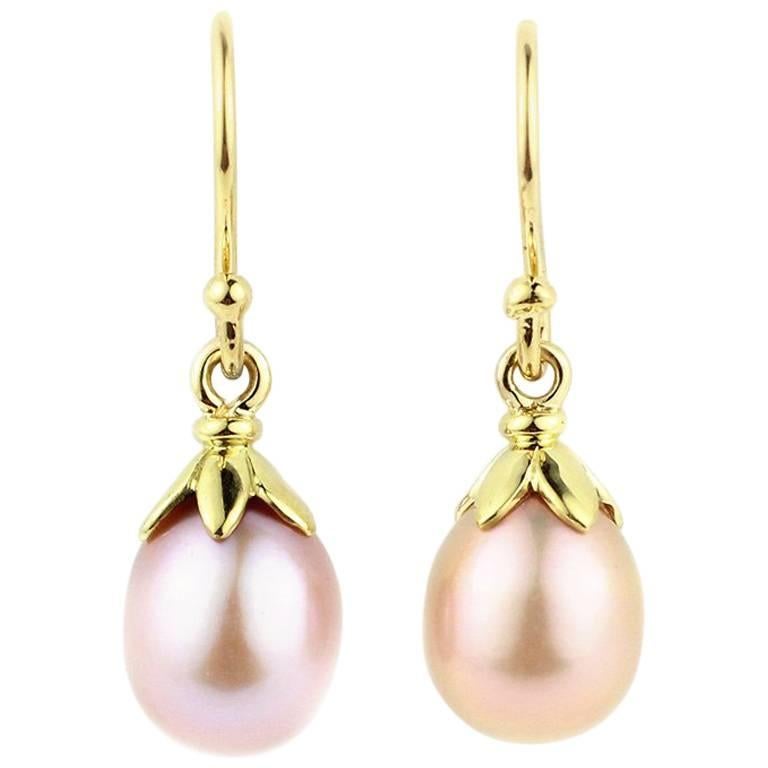 Julius Cohen Leaf Cap Pink Freshwater Pearl Earrings