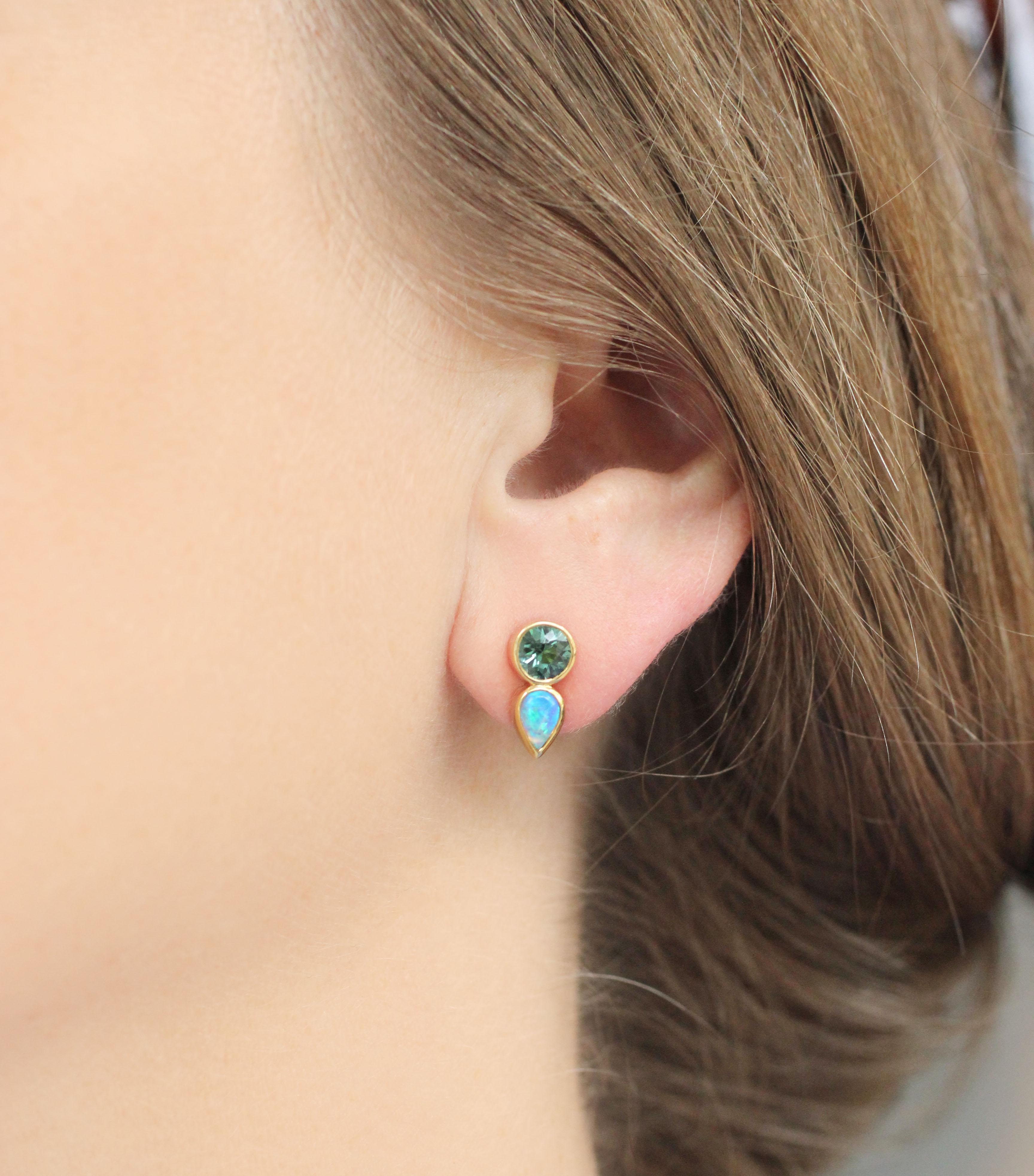 Round Cut Julius Cohen Mint Tourmaline and Opal Earrings