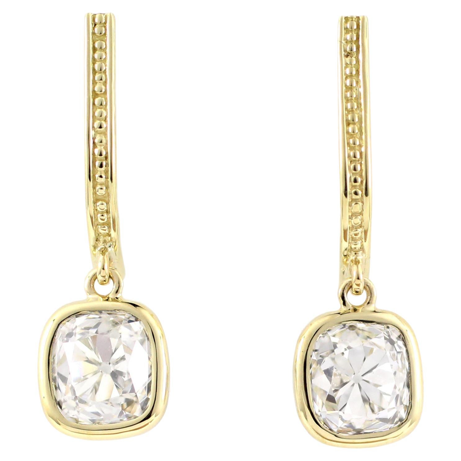 Julius Cohen Old Mine Cushion Diamond Earrings in 18 Karat Gold