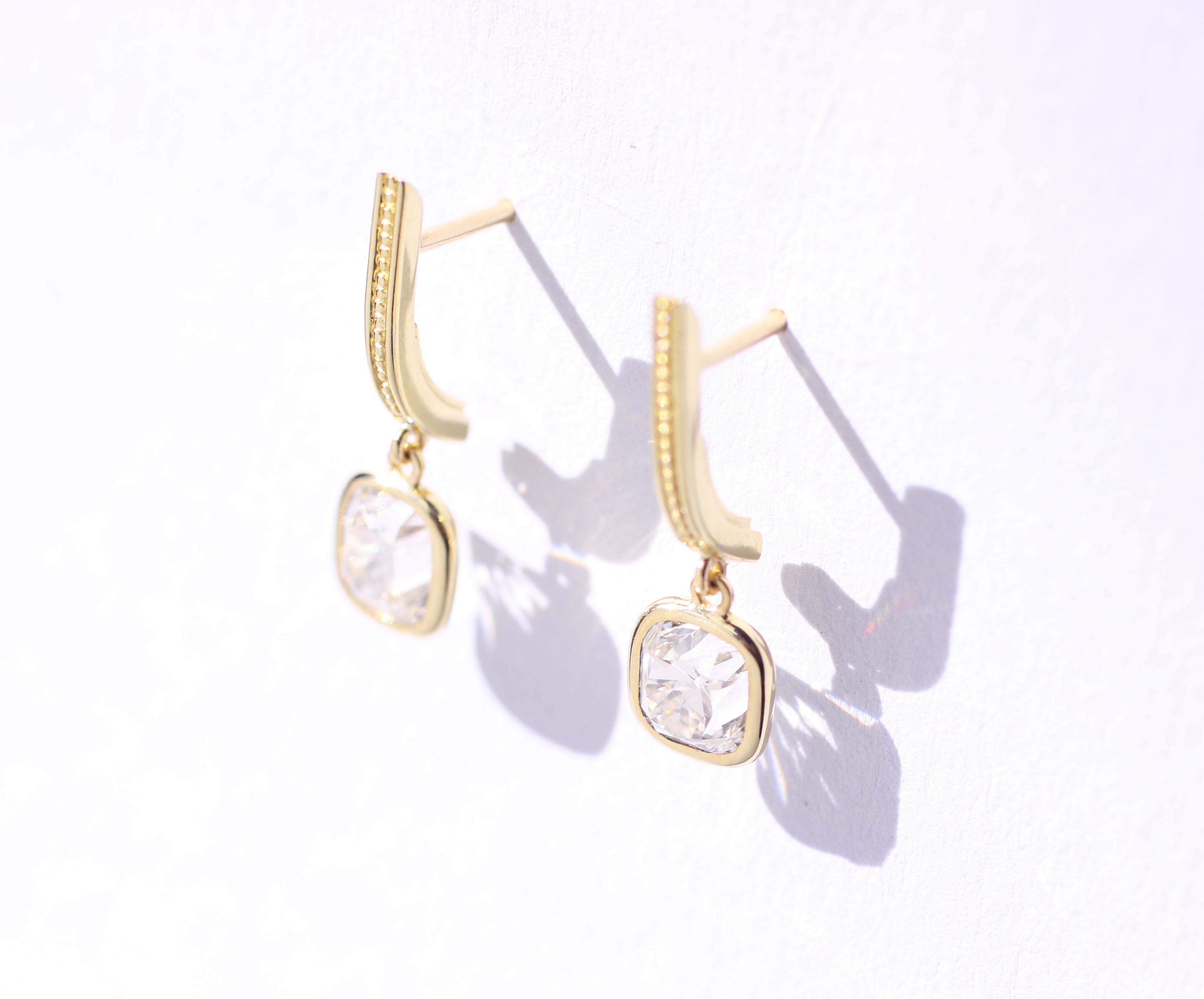 Women's or Men's Julius Cohen Old Mine Cushion Diamond Earrings in 18 Karat Gold