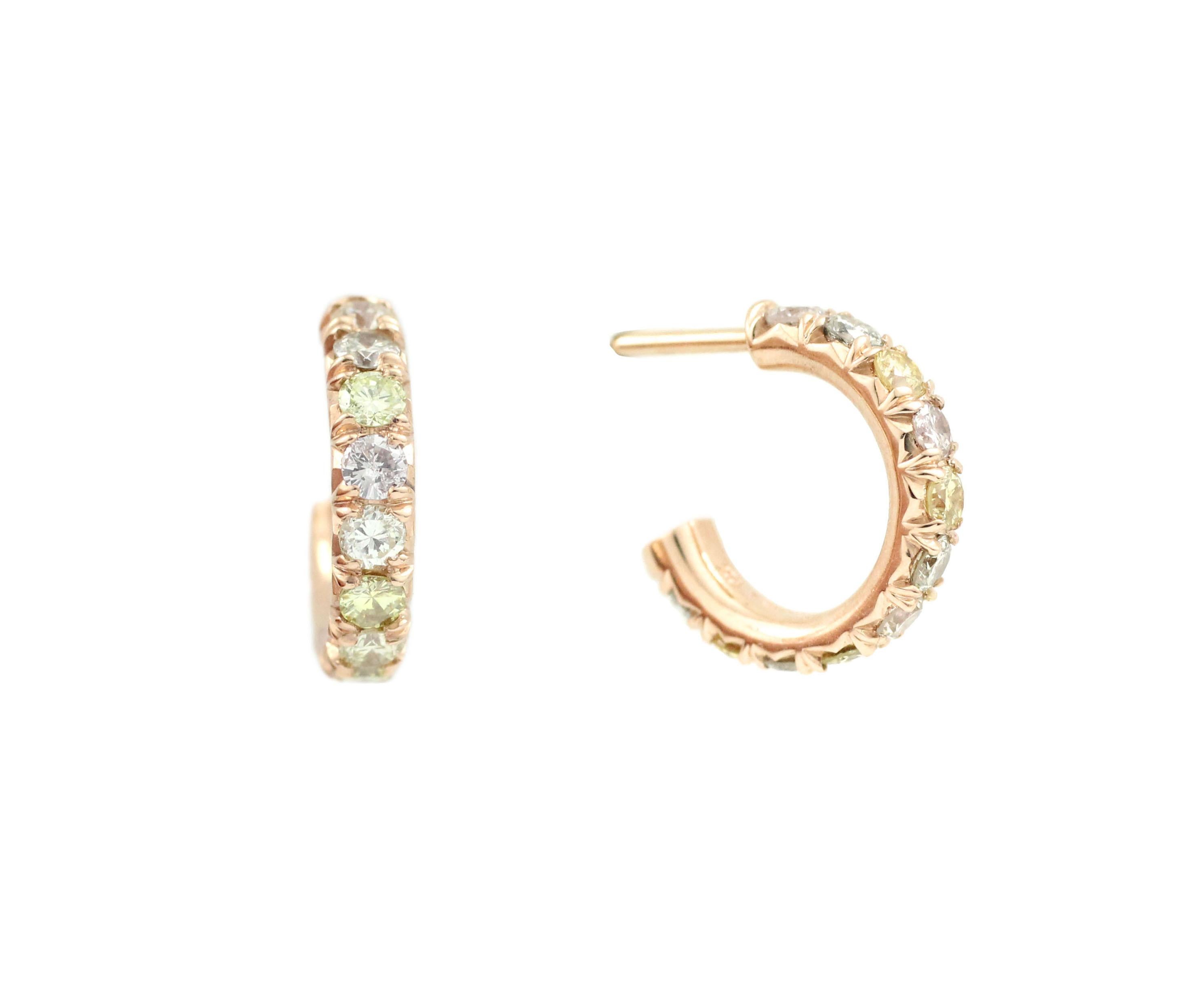 These hoop earrings contain 22 Natural Color, Brilliant Cut Diamonds (1.15 Cts.).   A beautiful, light color range of yellow, peach, gray and sand toned Diamonds are highlighted and complemented by the post-back, 18 Kt Rose Gold setttings. 