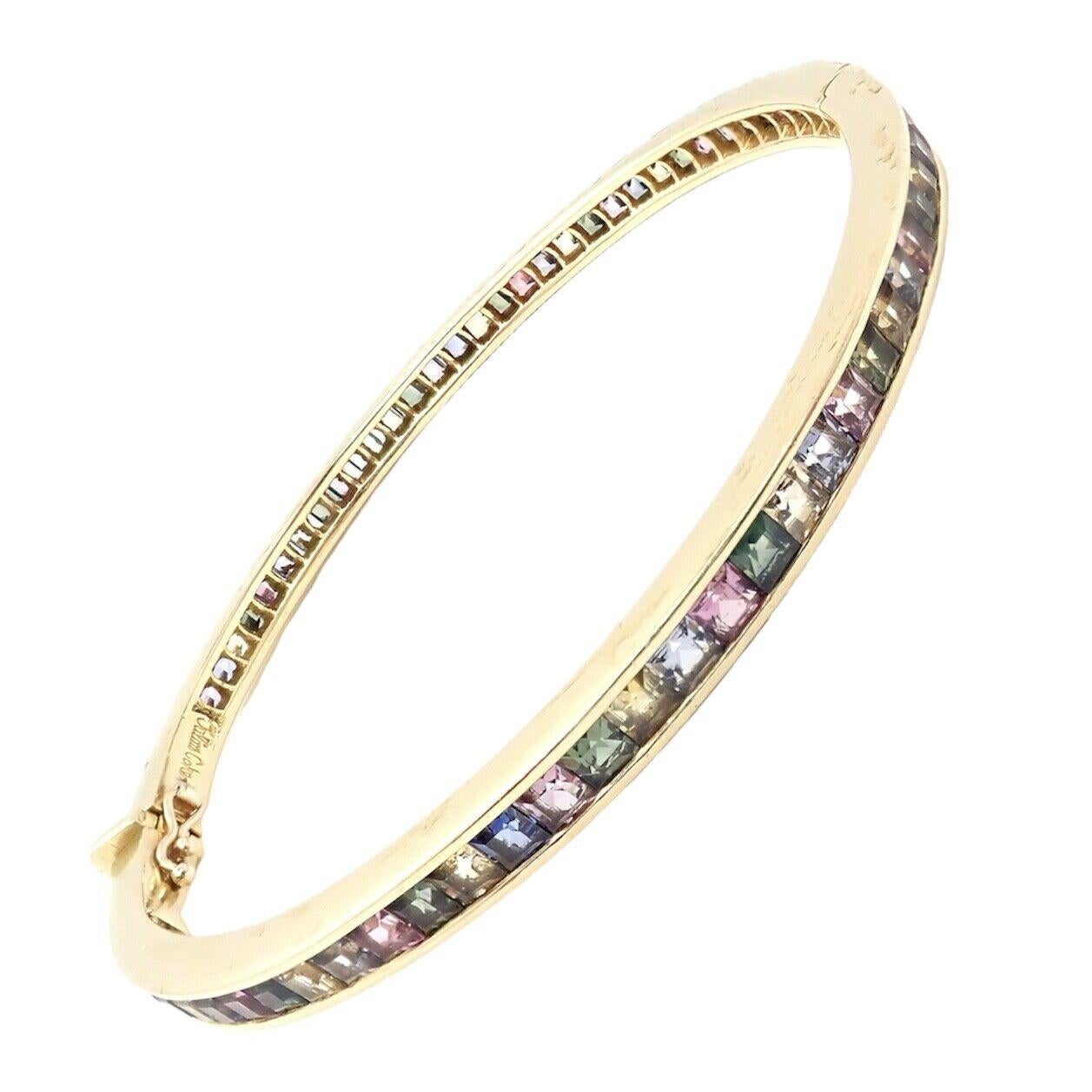 18k Yellow Gold Sapphire & Other Pastel Color Stone Bangle Bracelet by Julius Cohen.
Stones Include: Spinels, Iolites, Sapphires, and More.
Details: 
Size: 6.75