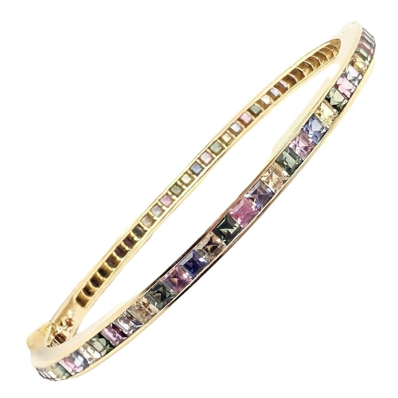 Julius Cohen Sapphire Pastel Color Stone Yellow Gold Bangle Bracelet For Sale