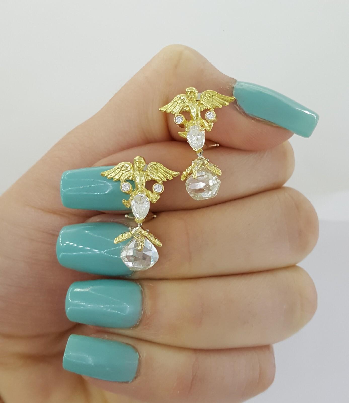Women's or Men's Julius Cohen Vintage Angel Drop Clip-On Earrings Carat Briolette Diamonds For Sale