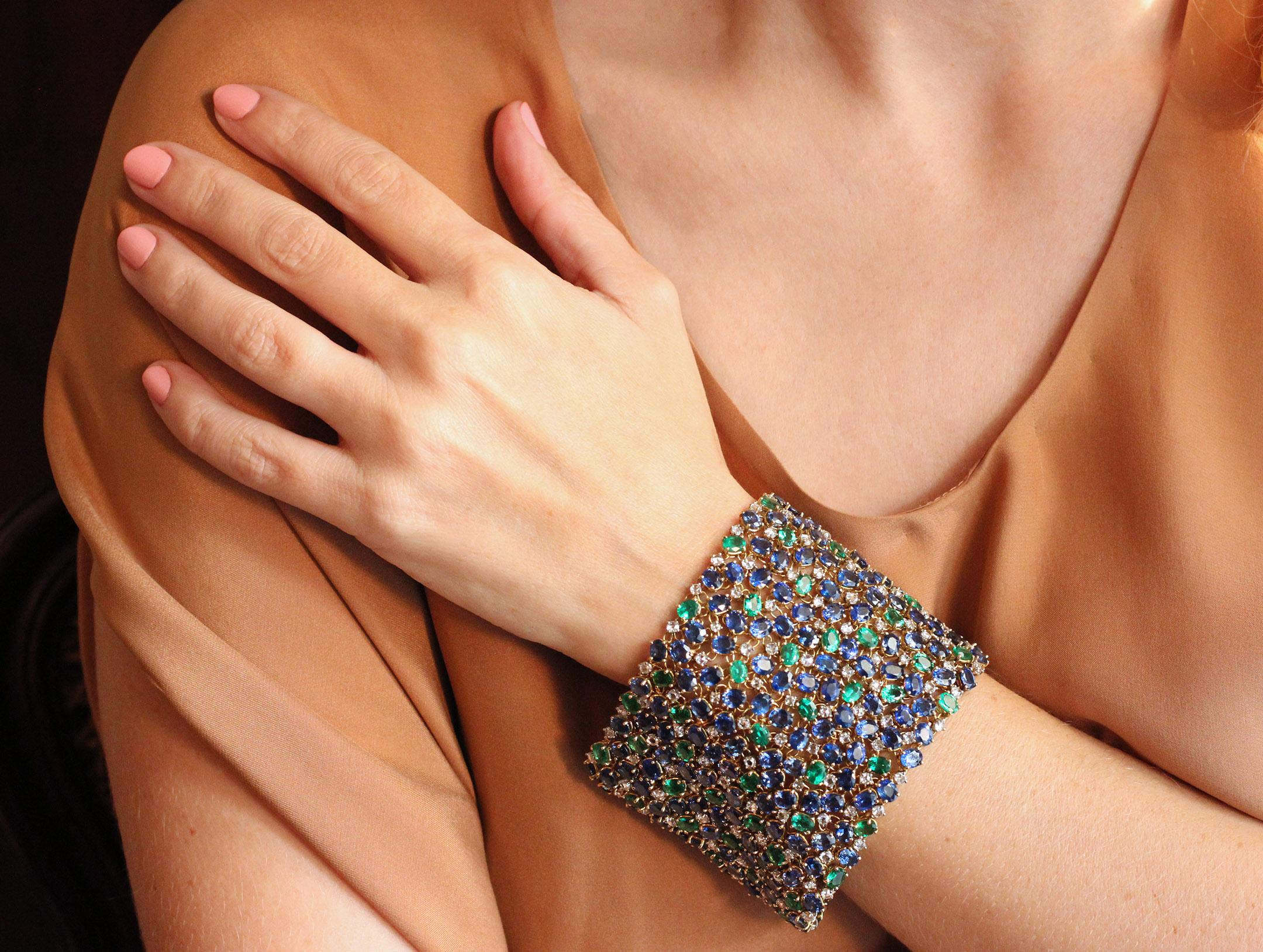 Wide Diamond Emerald Sapphire Peacock Tapestry Bracelet 1