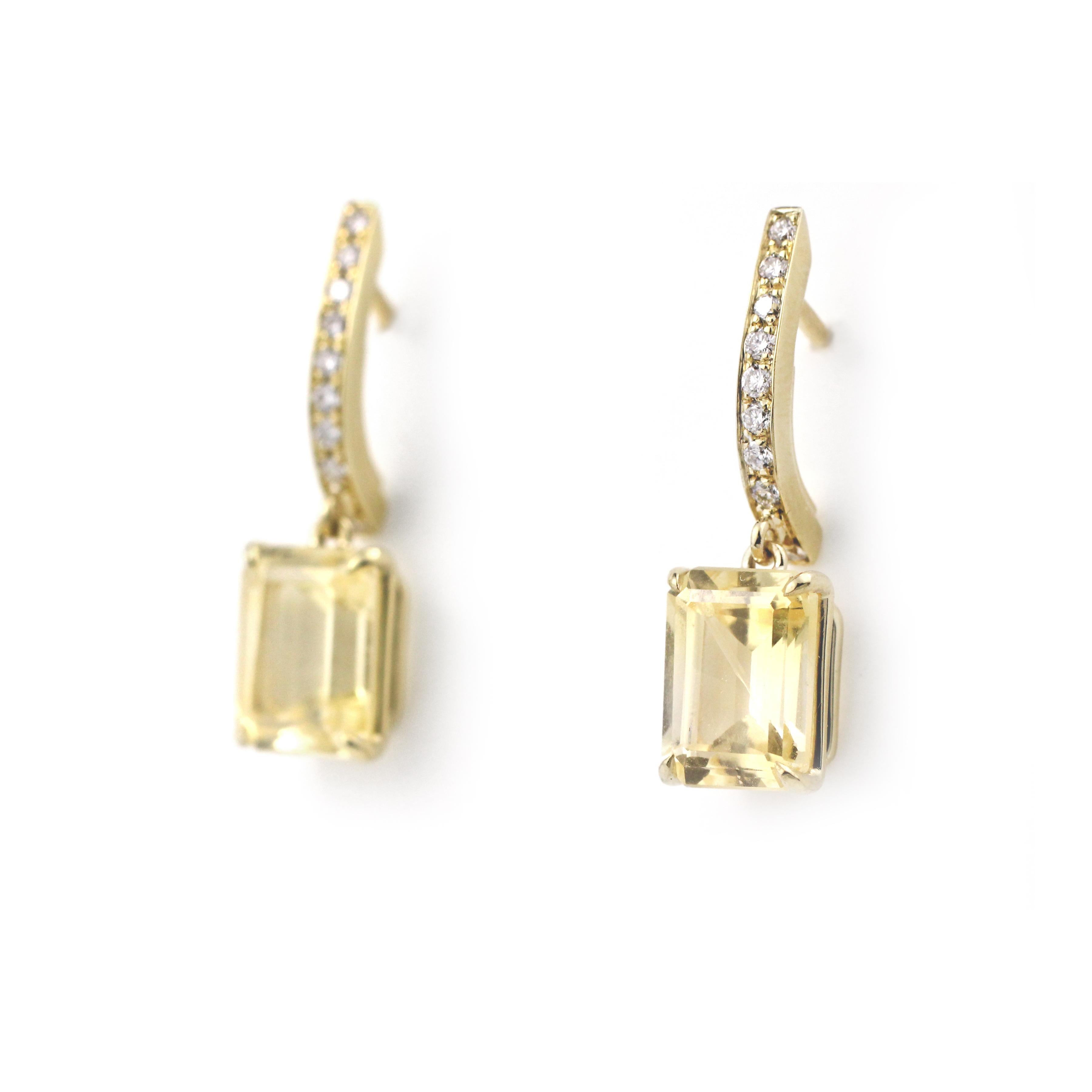 These summer beauties contain two emerald-cut Yellow Sapphire Drops (4.83 Cts.) on 18 Kt Gold & Diamond pave tops. They have a soft pale yellow color that looks great on the ear.

Designed and made in-house by Julius Cohen New York.