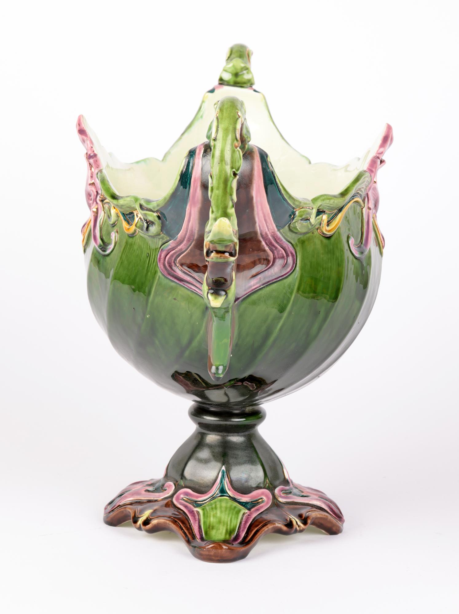 Julius Dressler Art Nouveau Large Twin Handled Majolica Centrepiece 2