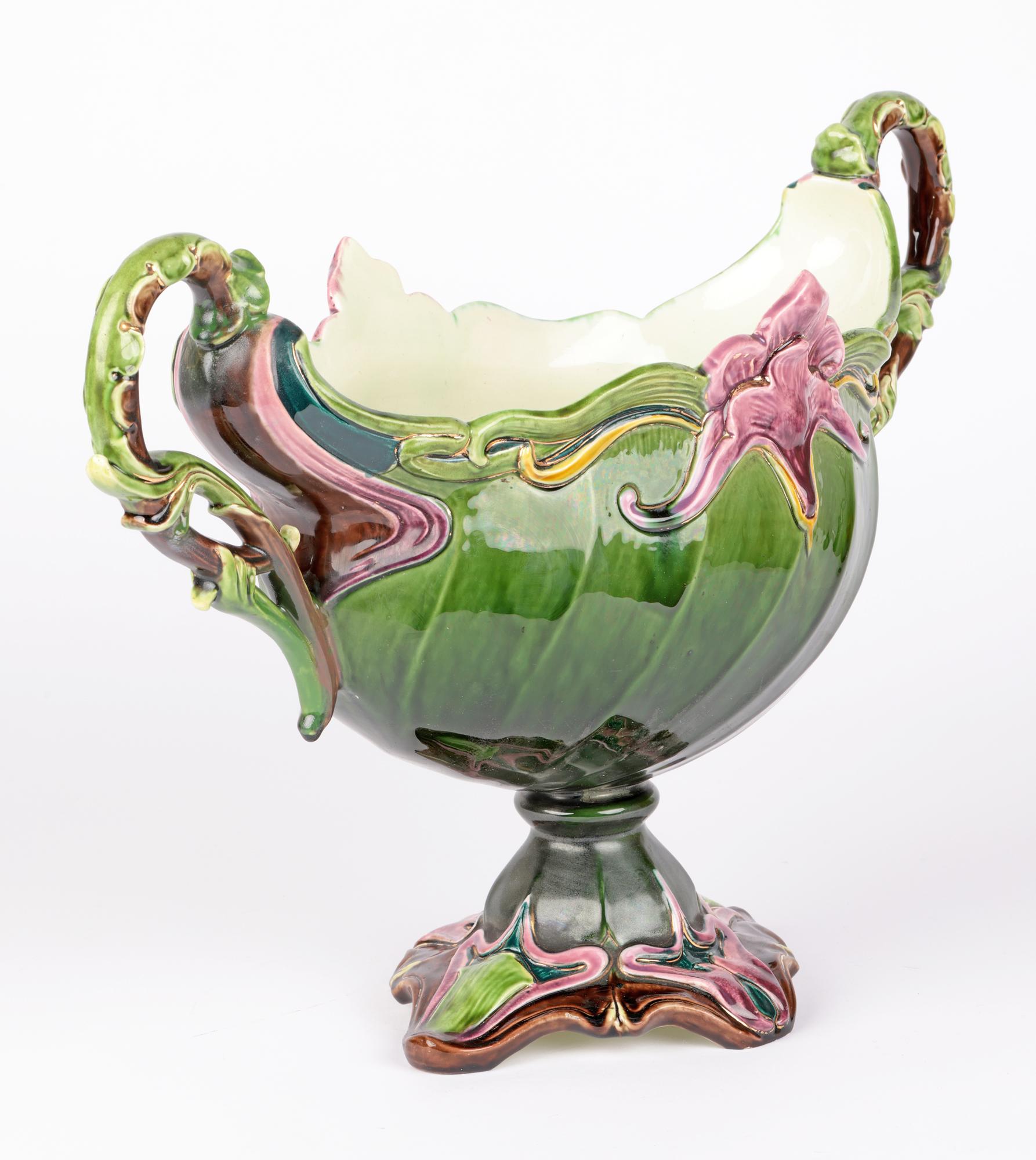 Glazed Julius Dressler Art Nouveau Large Twin Handled Majolica Centrepiece