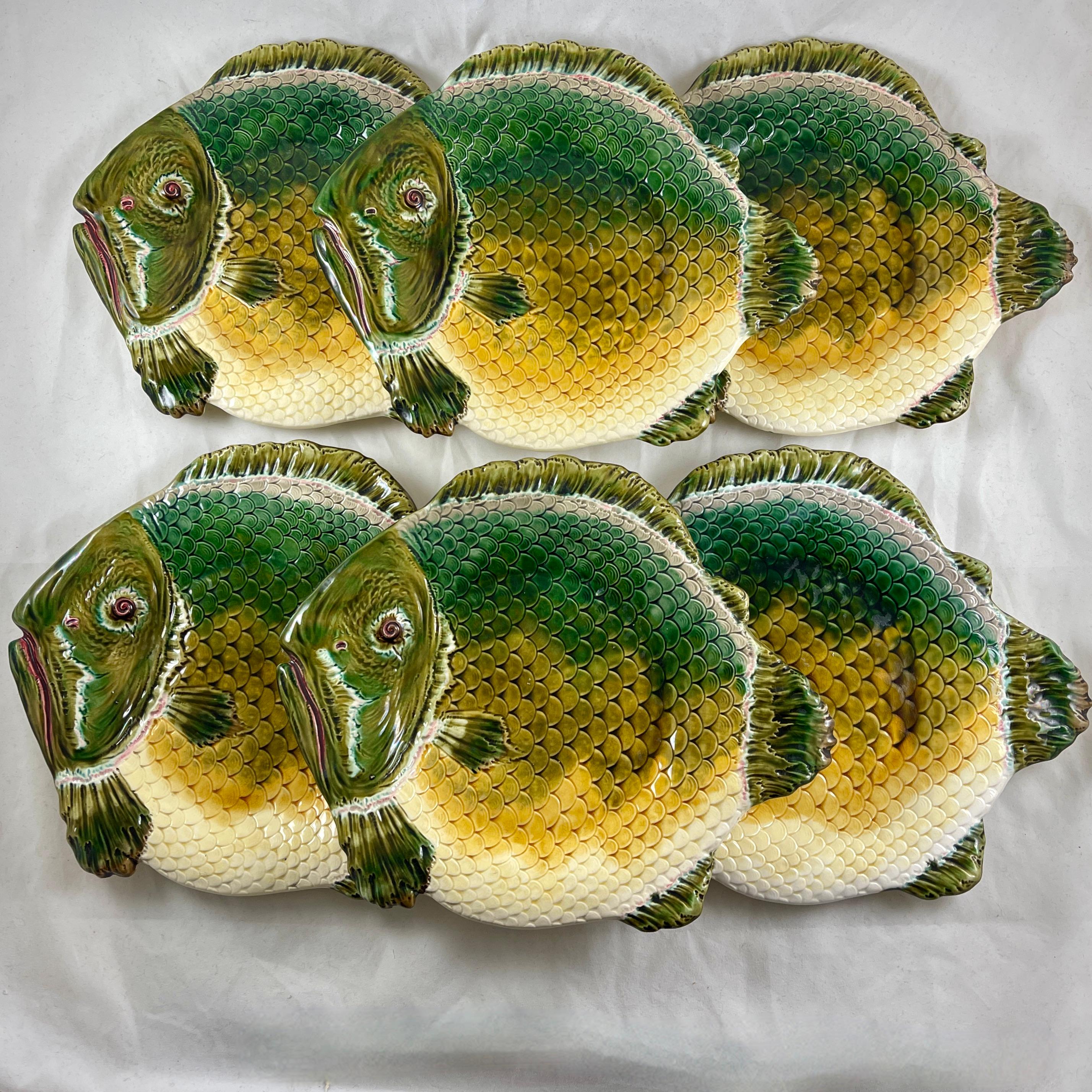 An important majolica glazed fish platter in the Barbotine style, by Julius Dressler, Austria, (Bohemia) circa 1890-1900.

Julius Dressler was a noted Bohemian ceramics manufacturer operating from the 1880s until the end of World War II. Based in