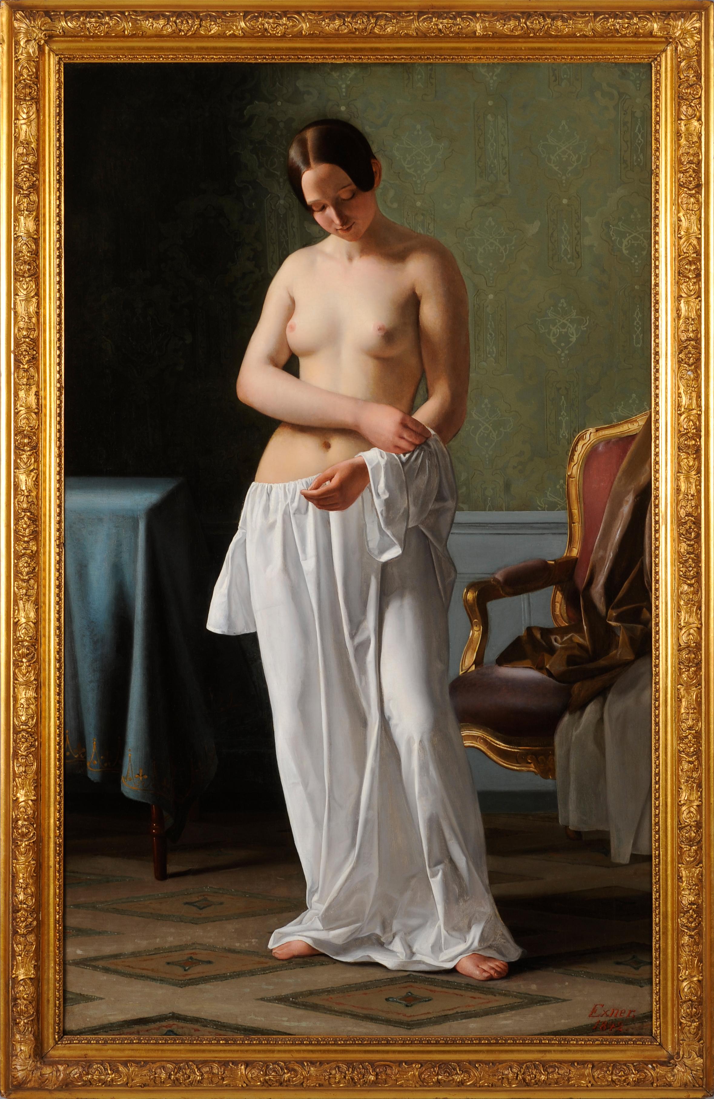 Model undressing - Painting by Julius Exner
