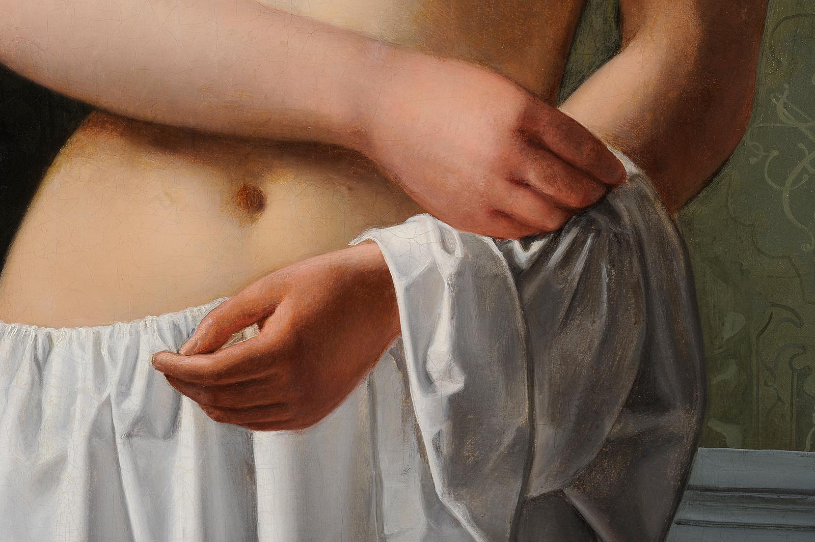 Modell zieht sich aus (Schwarz), Nude Painting, von Julius Exner