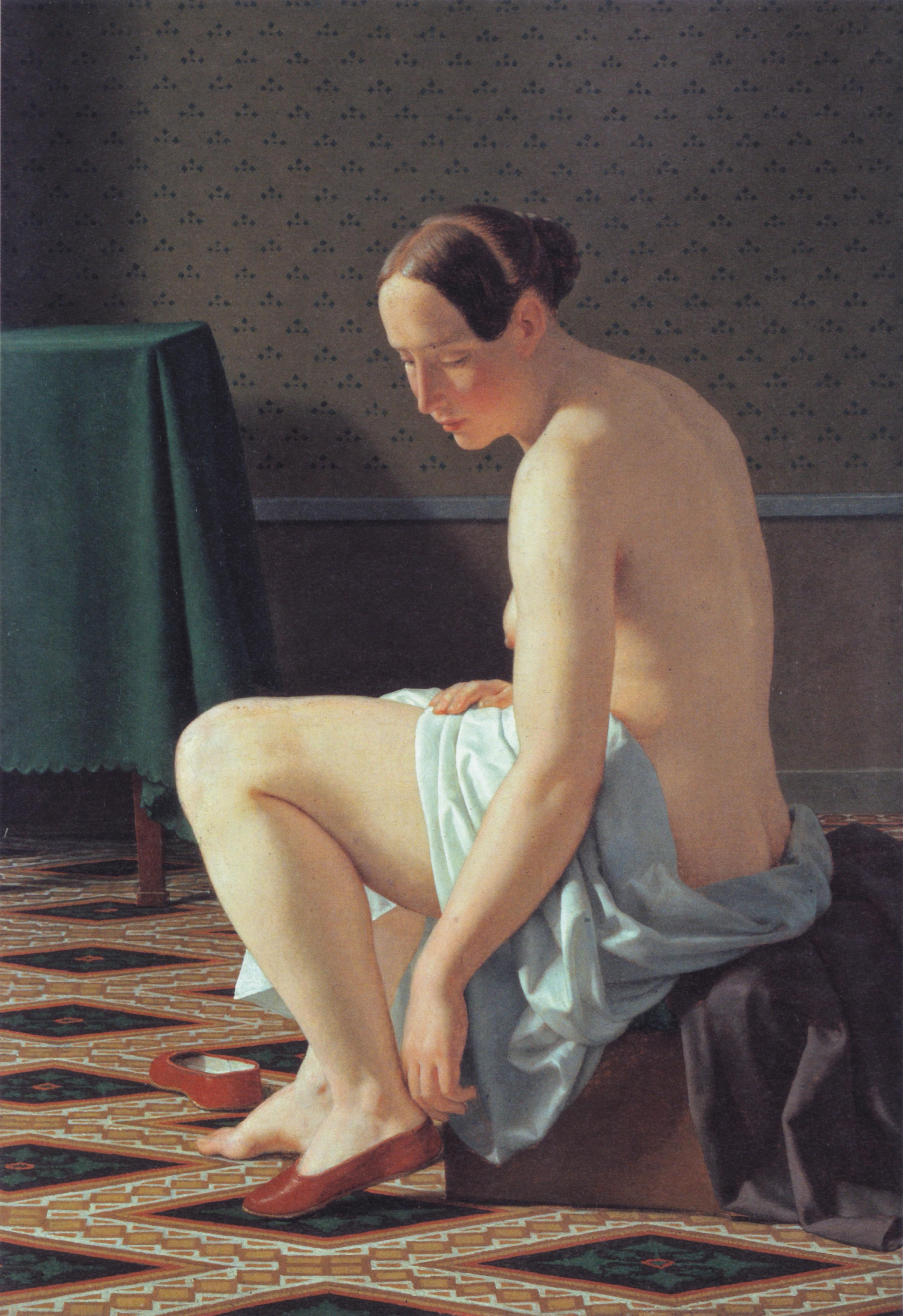 Julius EXNER
(Copenhagen, 1825 - Copenhagen, 1910)
Model stripping
Oil on canvas
H. 122 cm; L. 74 cm
Signed and dated 1842 lower right


Exhibition: most likely Charlottenborg Salon of 1845, under number 110, titled Modelfigur, awarded with a silver