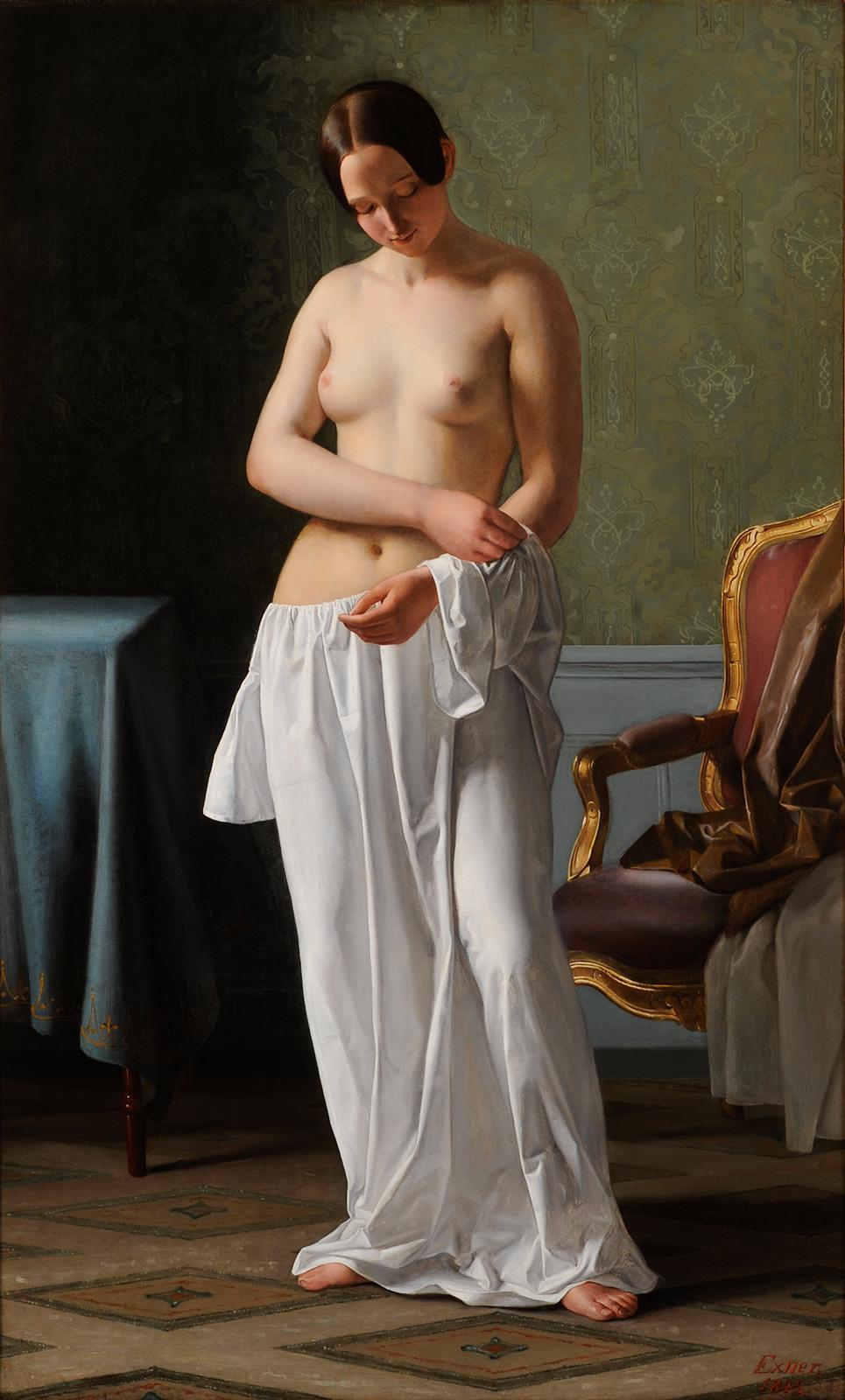 Julius Exner Nude Painting – Modell zieht sich aus